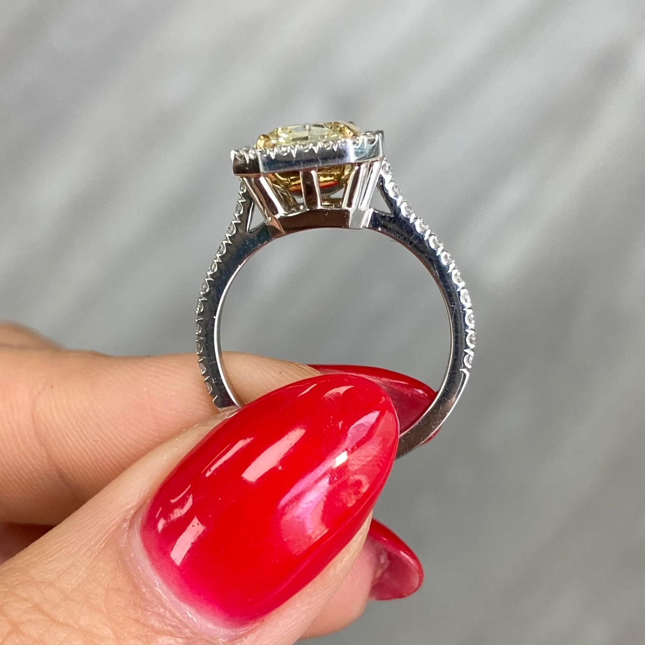 3 Carat Light Yellow Radiant Cut Diamond Halo Engagement Ring For Sale 2