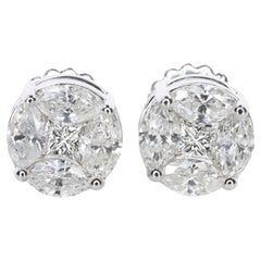 Boucles d'oreilles en or blanc 14 carats, diamants taillés en marquise et en princesse, 3 carats