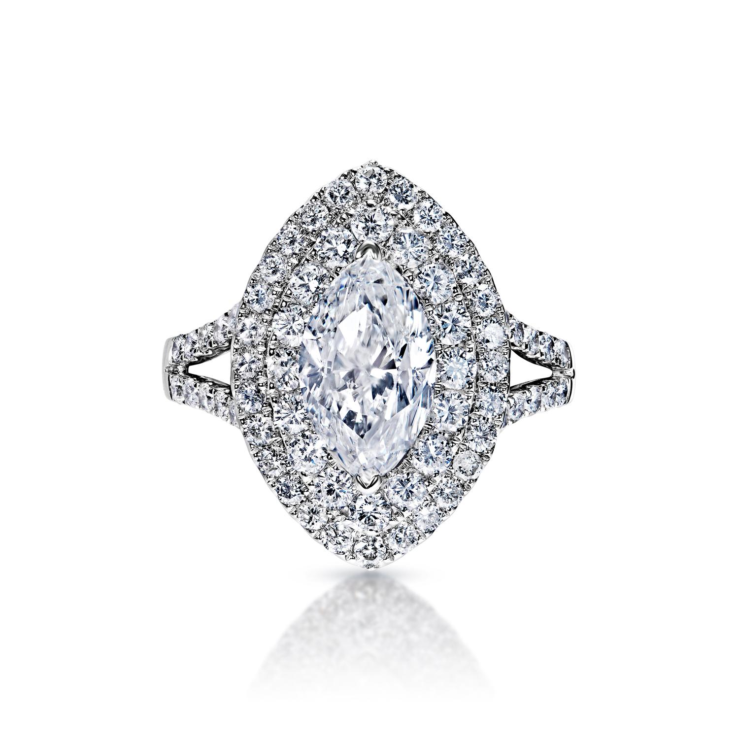 Malia 3 Carat D SI1 Marquise Cut Diamond Engagement Ring in 14k White Gold By Mike Nekta


Center Diamond:

Carat Weight: 2.01 Carats
Color : D
Clarity: SI1*
Style: Marquise Cut
*Clarity Enhanced 

Ring:
Settings: Split Shank. Double Halo
Metal: 14