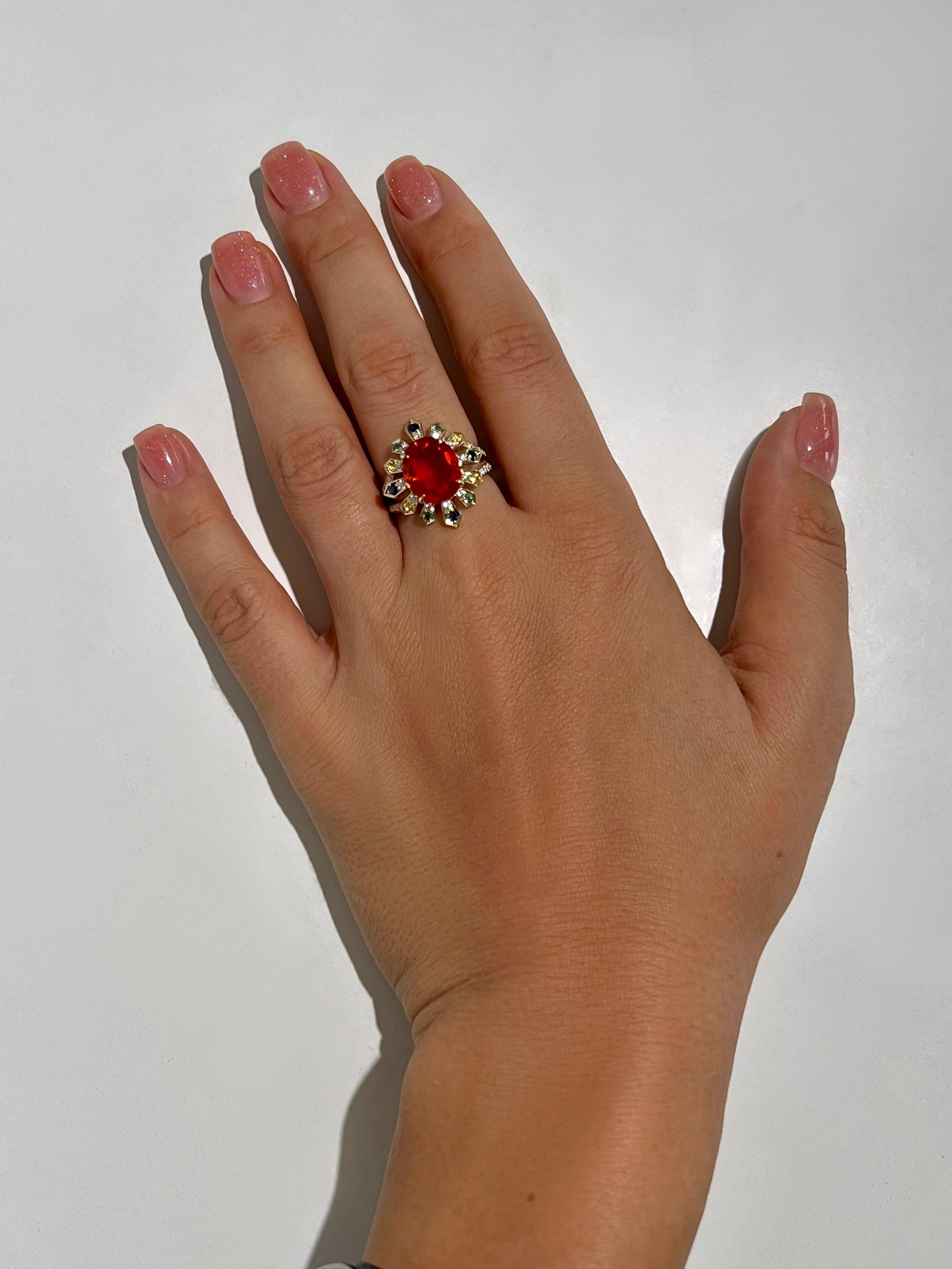 Modern 3 Carat Mexican Fire Opal Ring with Sapphires, Emeralds and Diamonds in 18k Gold