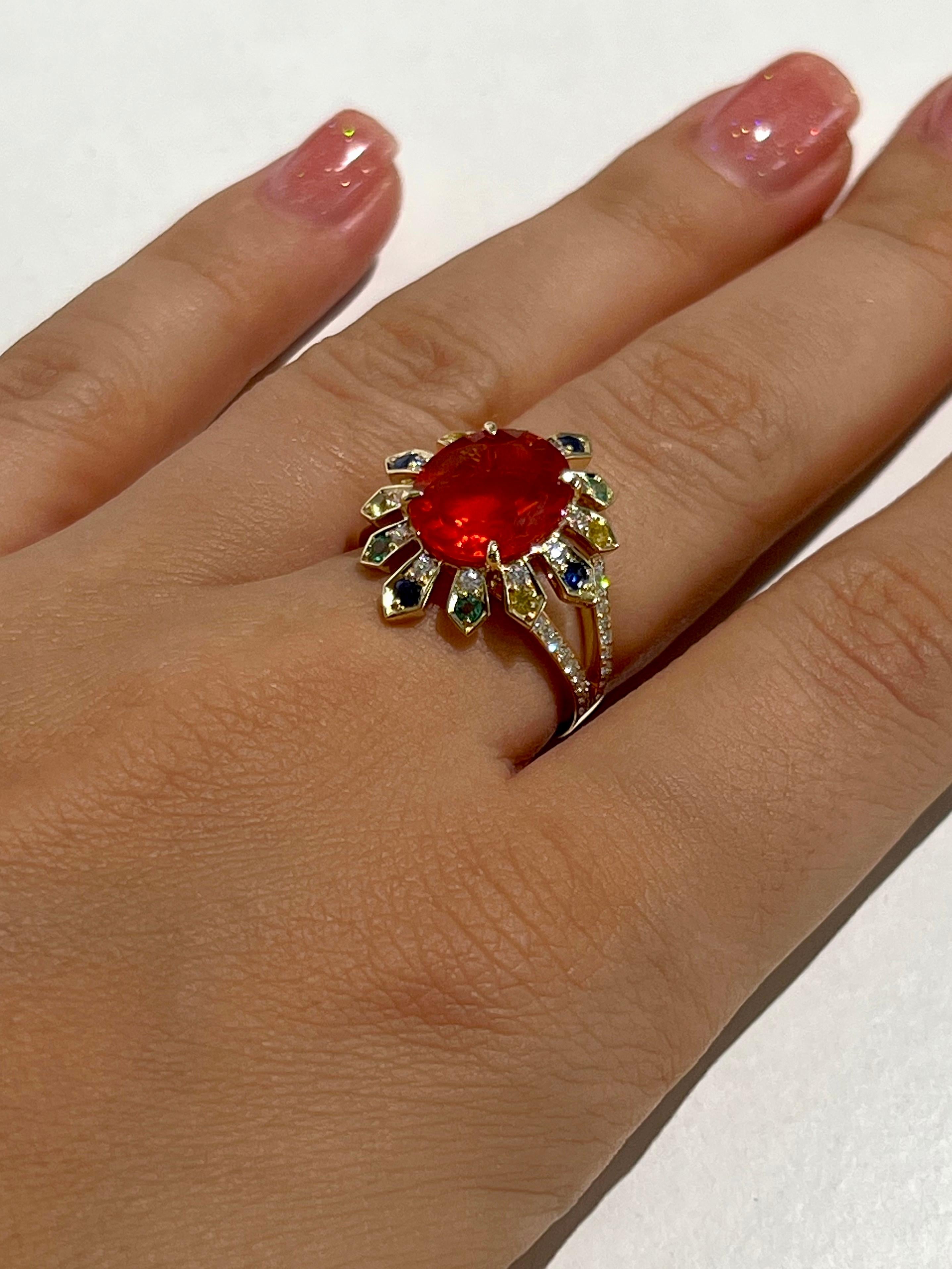 Emerald Cut 3 Carat Mexican Fire Opal Ring with Sapphires, Emeralds and Diamonds in 18k Gold