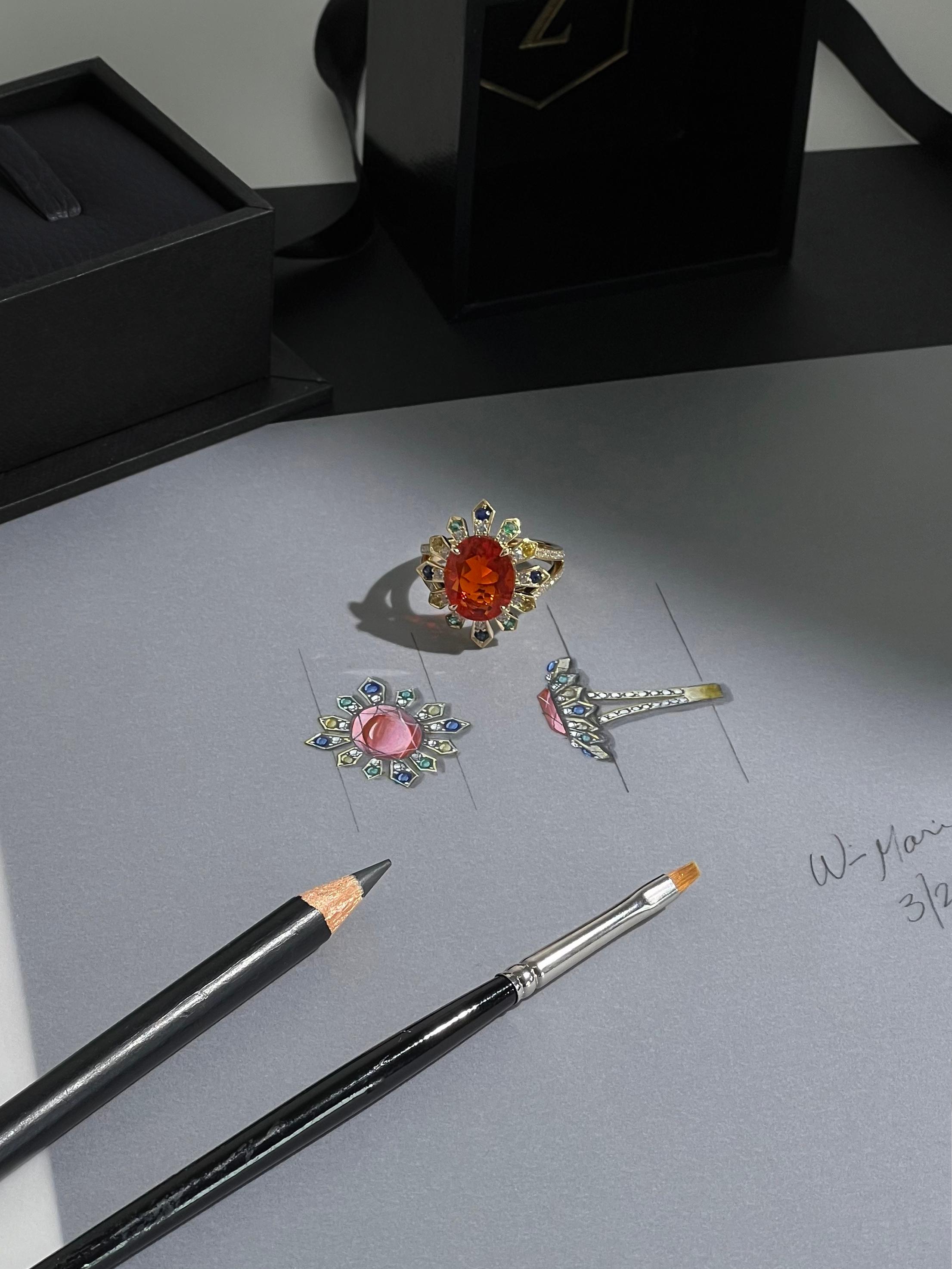 Women's or Men's 3 Carat Mexican Fire Opal Ring with Sapphires, Emeralds and Diamonds in 18k Gold