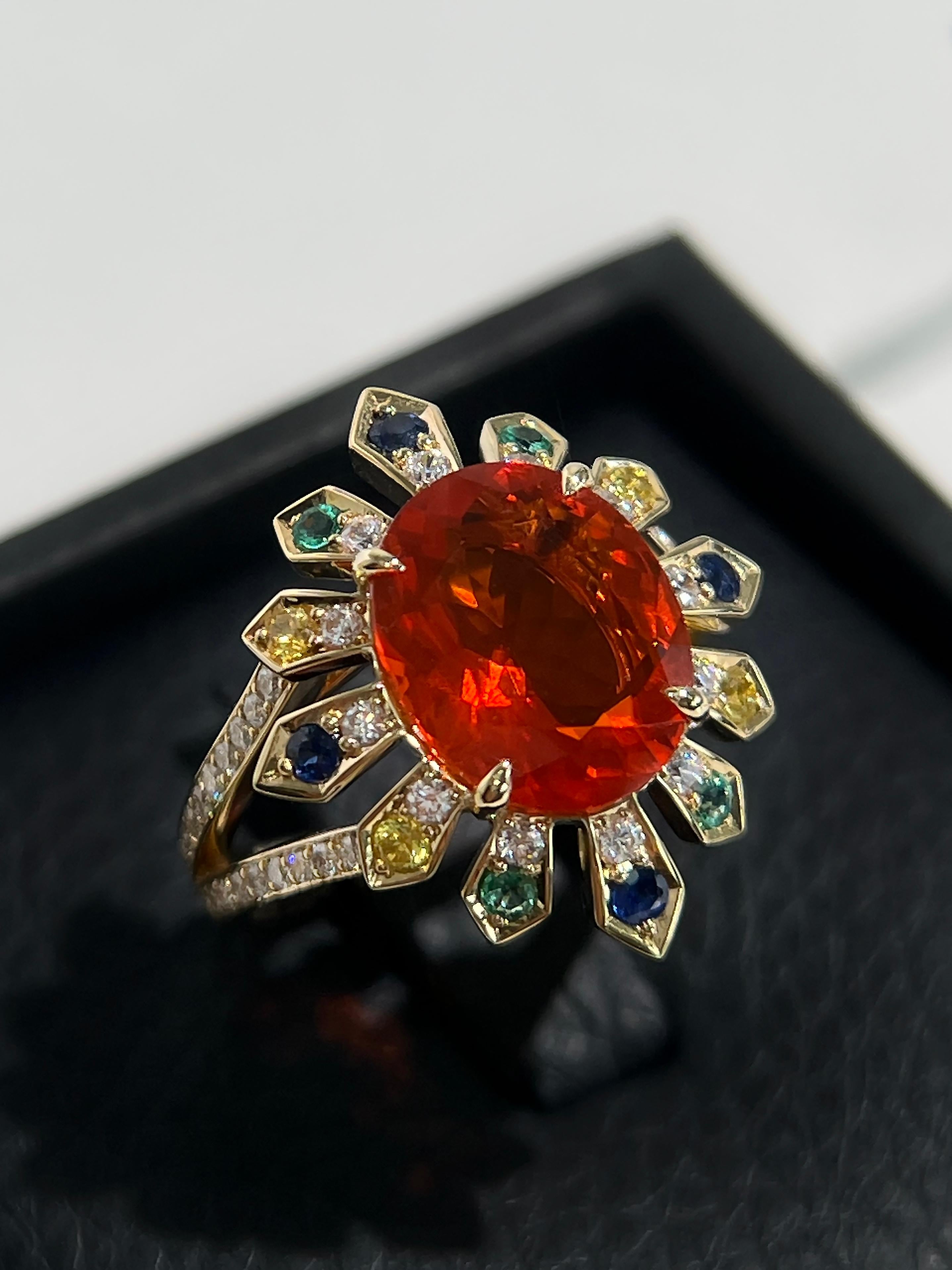 3 Carat Mexican Fire Opal Ring with Sapphires, Emeralds and Diamonds in 18k Gold 1