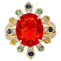 3 Carat Mexican Fire Opal Ring with Sapphires, Emeralds and Diamonds in 18k Gold