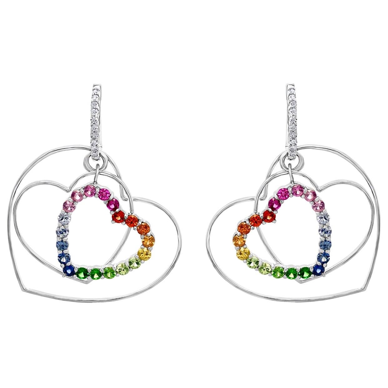 3 Carat Multi Sapphire and Diamond 3 Heart Earrings in 14 Karat Gold 5.4 Grams
