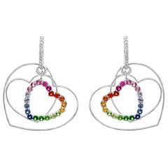 3 Carat Multi Sapphire and Diamond 3 Heart Earrings in 14 Karat Gold 5.4 Grams