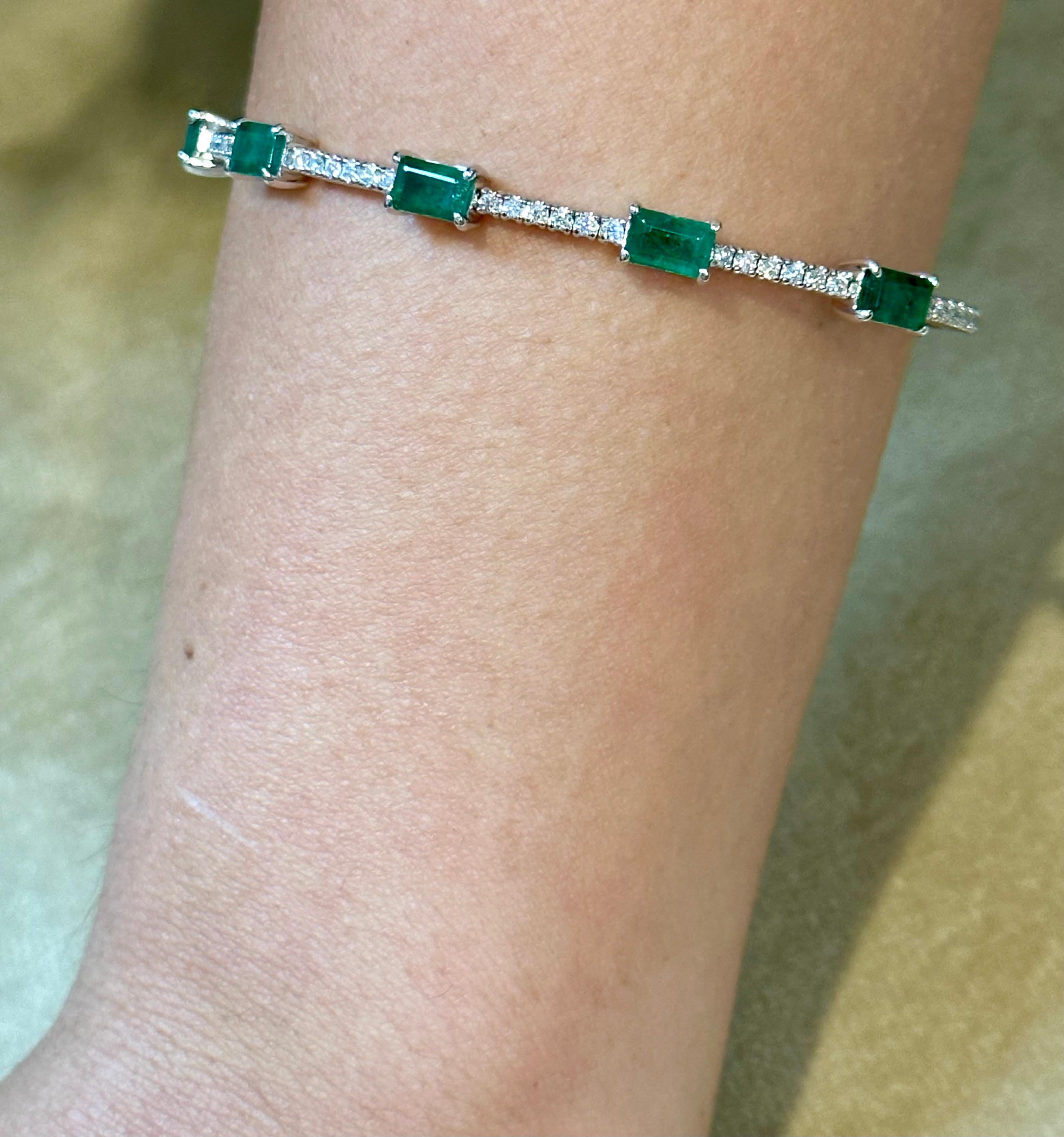 3 Carat Natural Brazilian Emerald & Diamond Bangle Bracelet 14 Karat White Gold For Sale 11