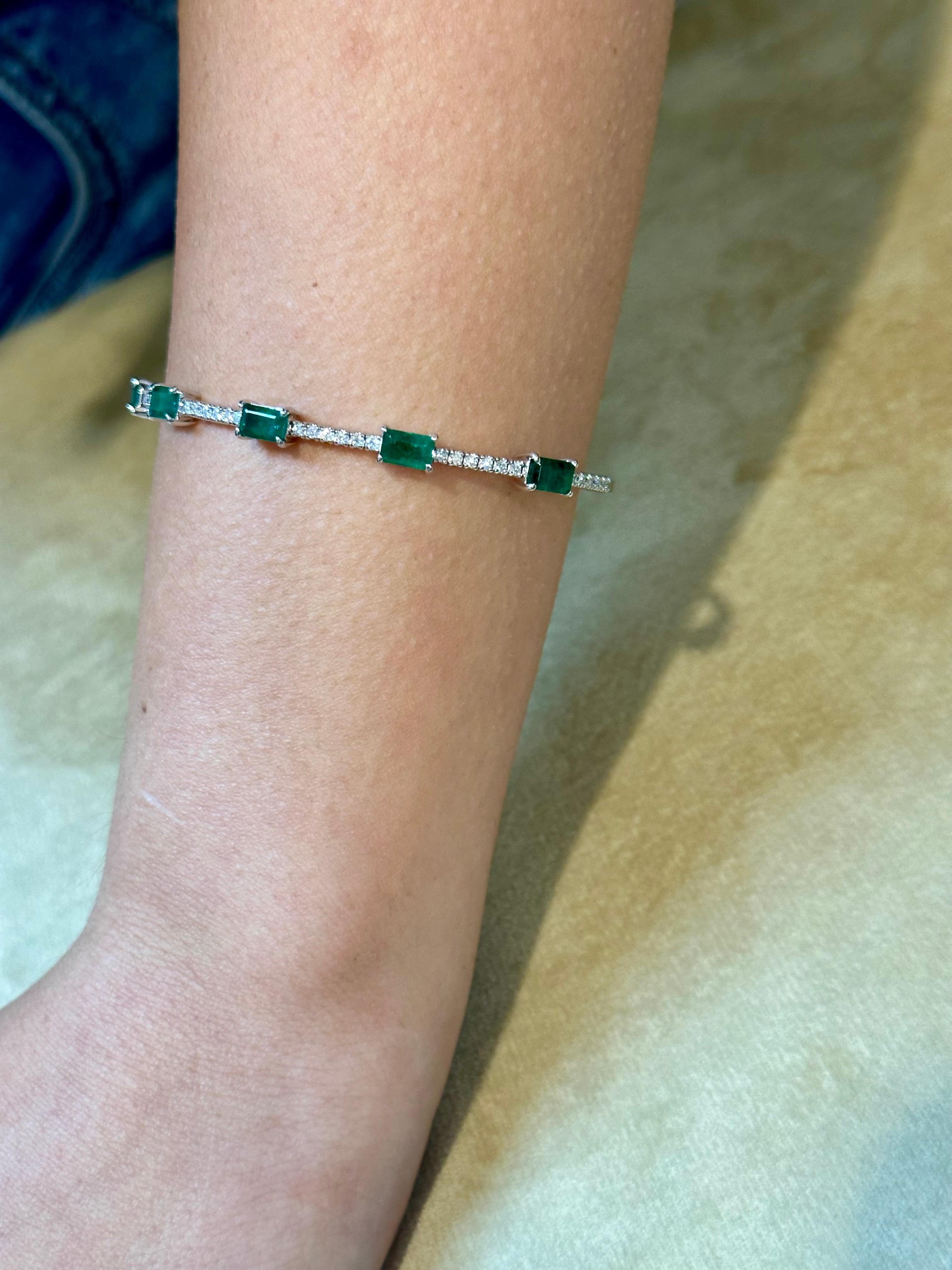 3 Carat Natural Brazilian Emerald & Diamond Bangle Bracelet 14 Karat White Gold For Sale 12