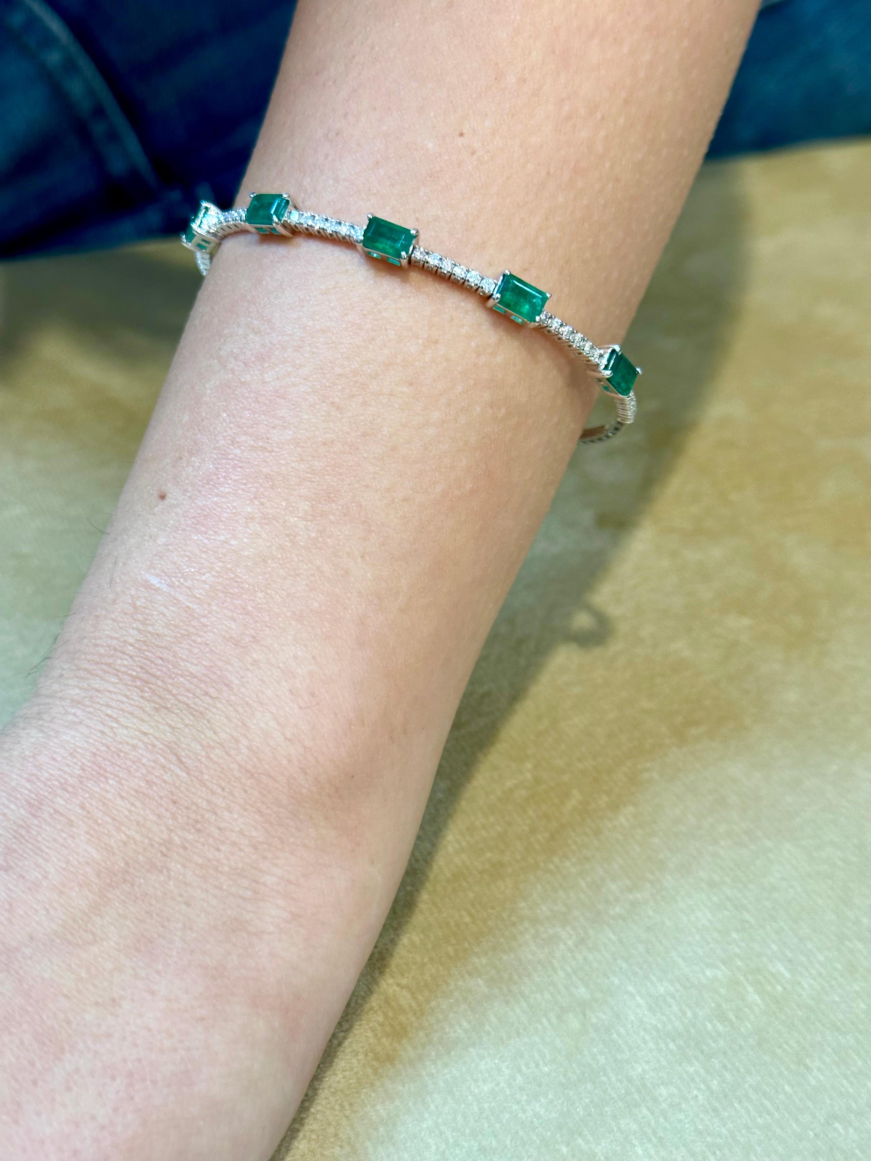 3 Carat Natural Brazilian Emerald & Diamond Bangle Bracelet 14 Karat White Gold For Sale 13