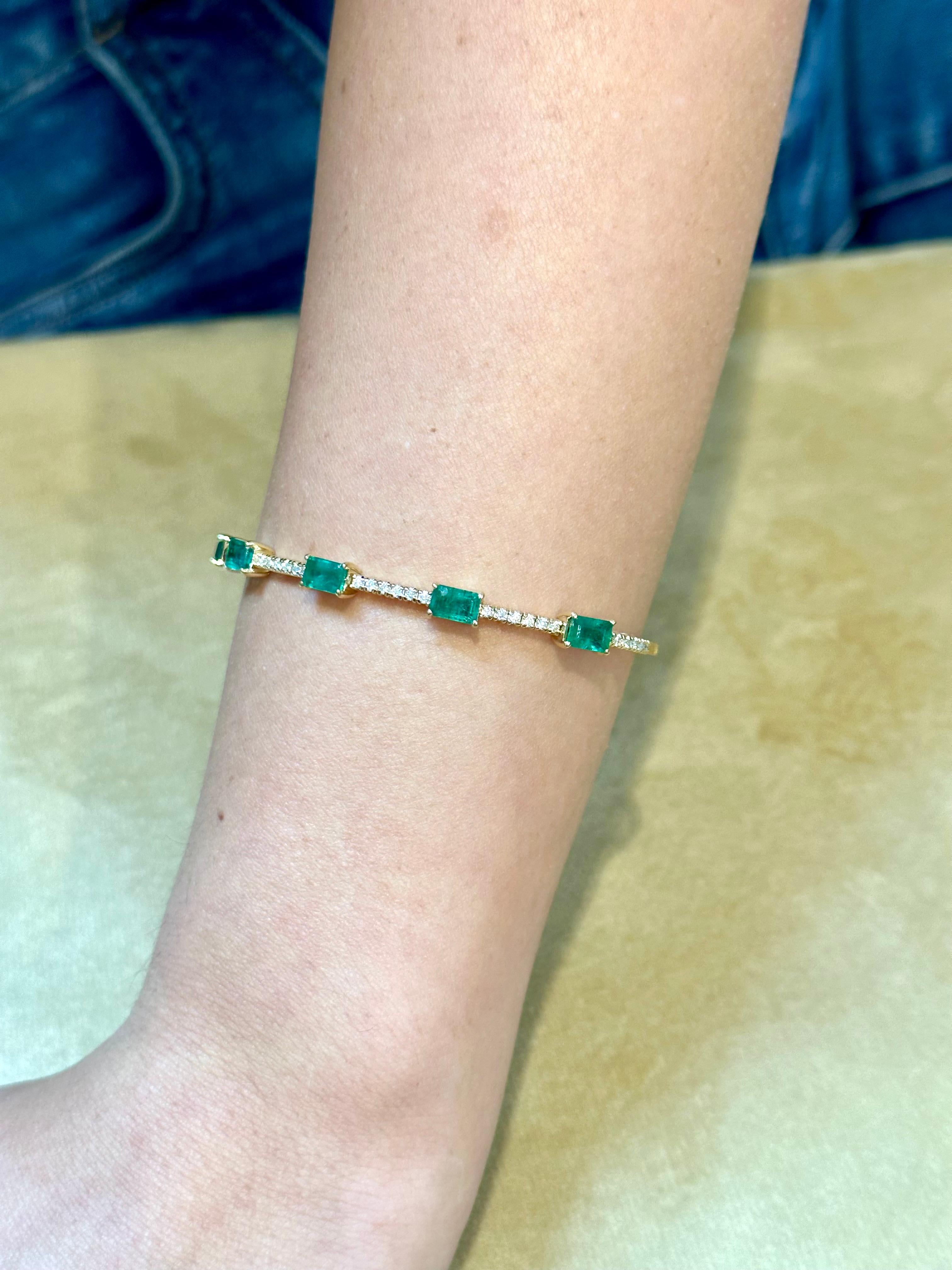 3 Carat Natural Brazilian Emerald & Diamond Bangle Bracelet 14 Karat White Gold For Sale 14
