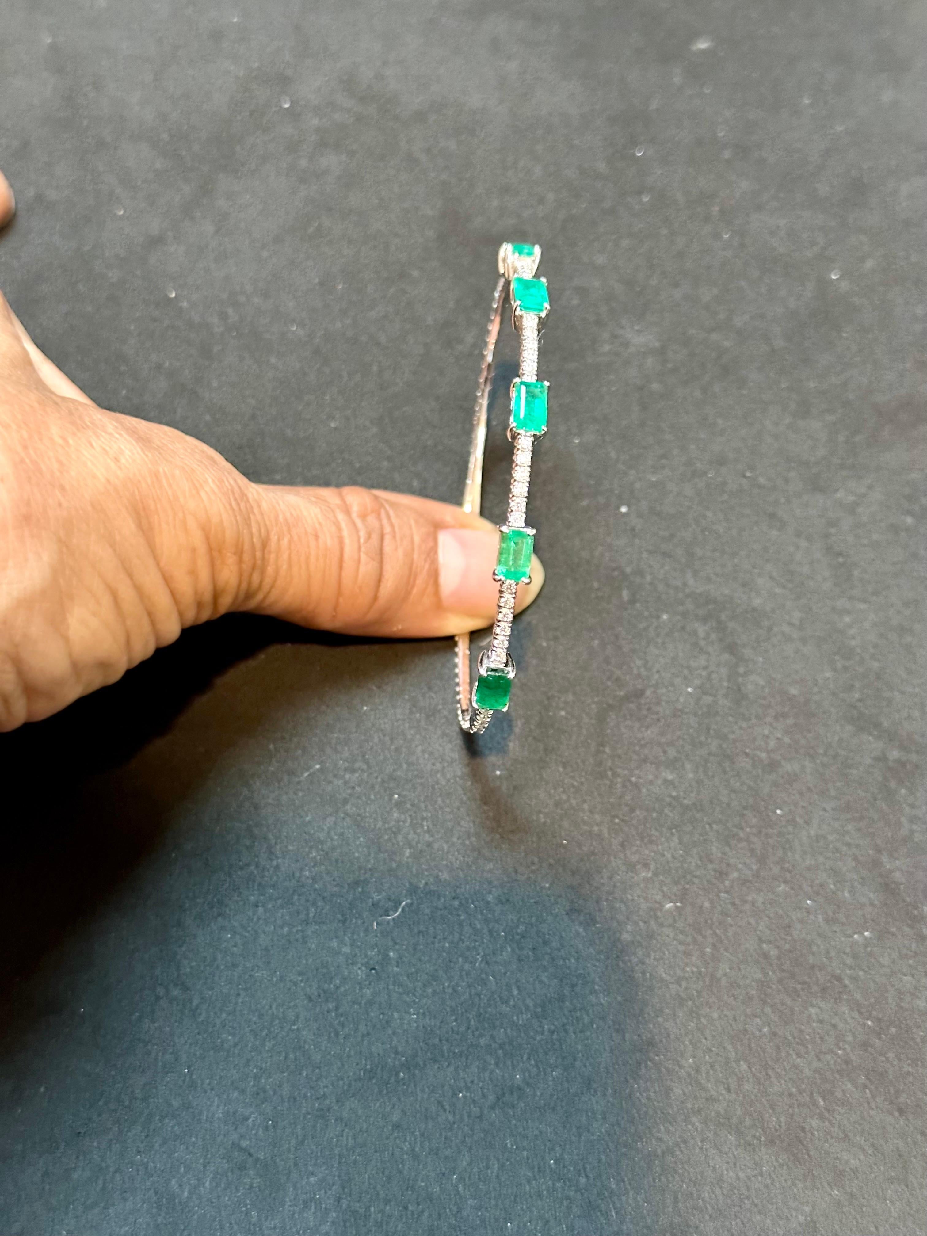 Emerald Cut 3 Carat Natural Brazilian Emerald & Diamond Bangle Bracelet 14 Karat White Gold For Sale