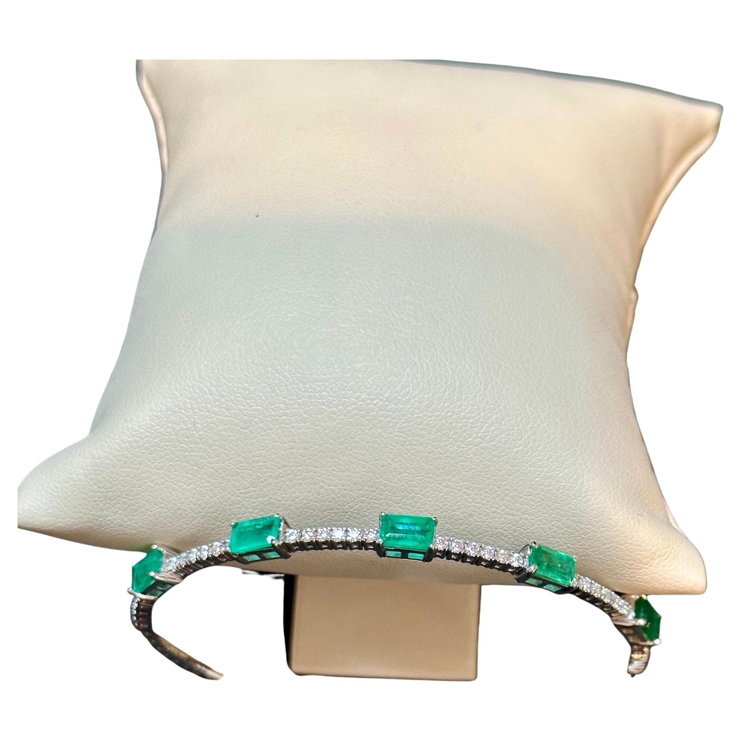 Women's 3 Carat Natural Brazilian Emerald & Diamond Bangle Bracelet 14 Karat White Gold For Sale