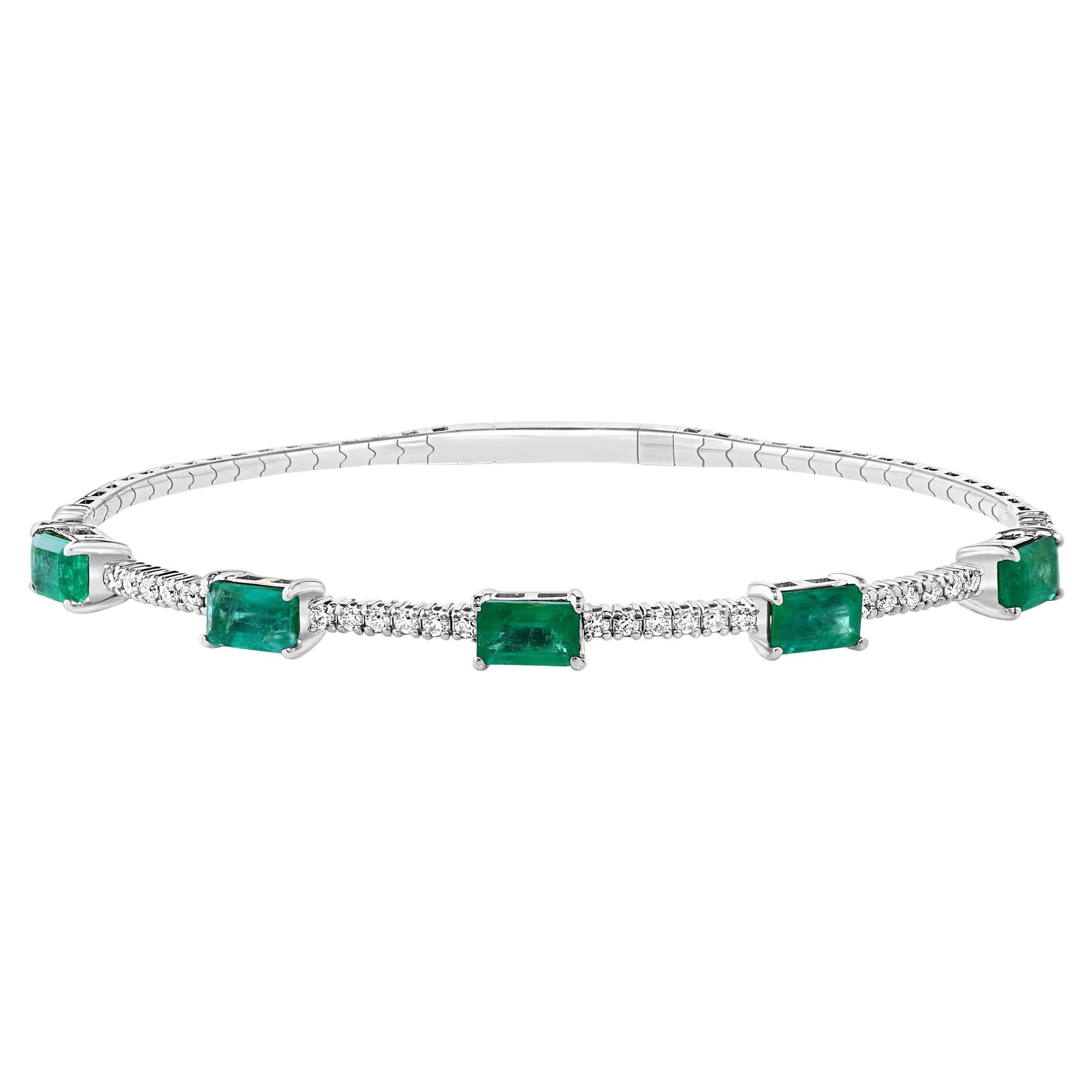 3 Carat Natural Brazilian Emerald & Diamond Bangle Bracelet 14 Karat White Gold For Sale