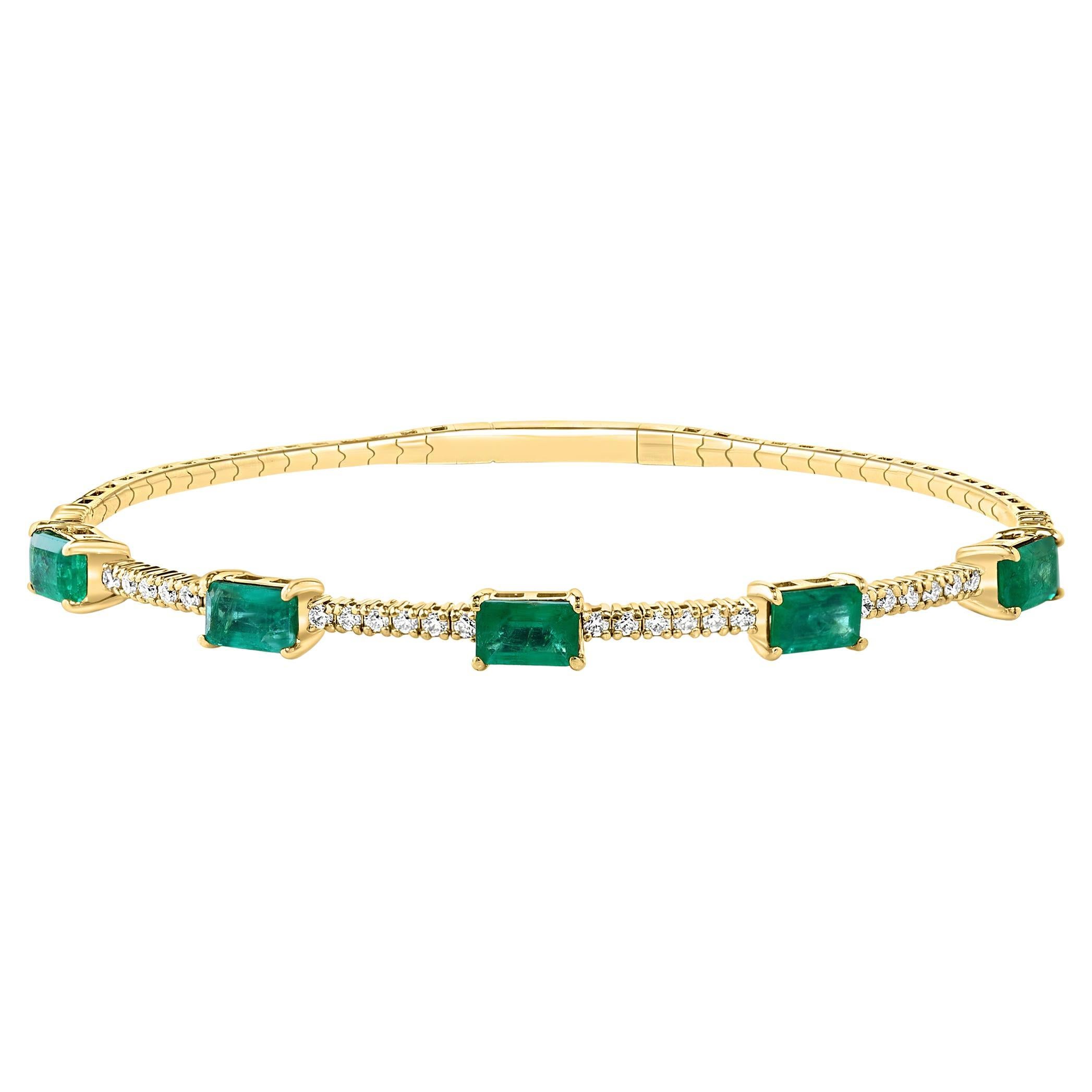 3 Carat Natural Brazilian Emerald & Diamond Bangle Bracelet 14 Karat Yellow Gold For Sale