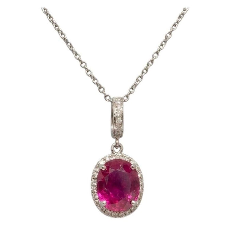 3 Carat Natural Burma Ruby Diamond Halo Pendant Necklace