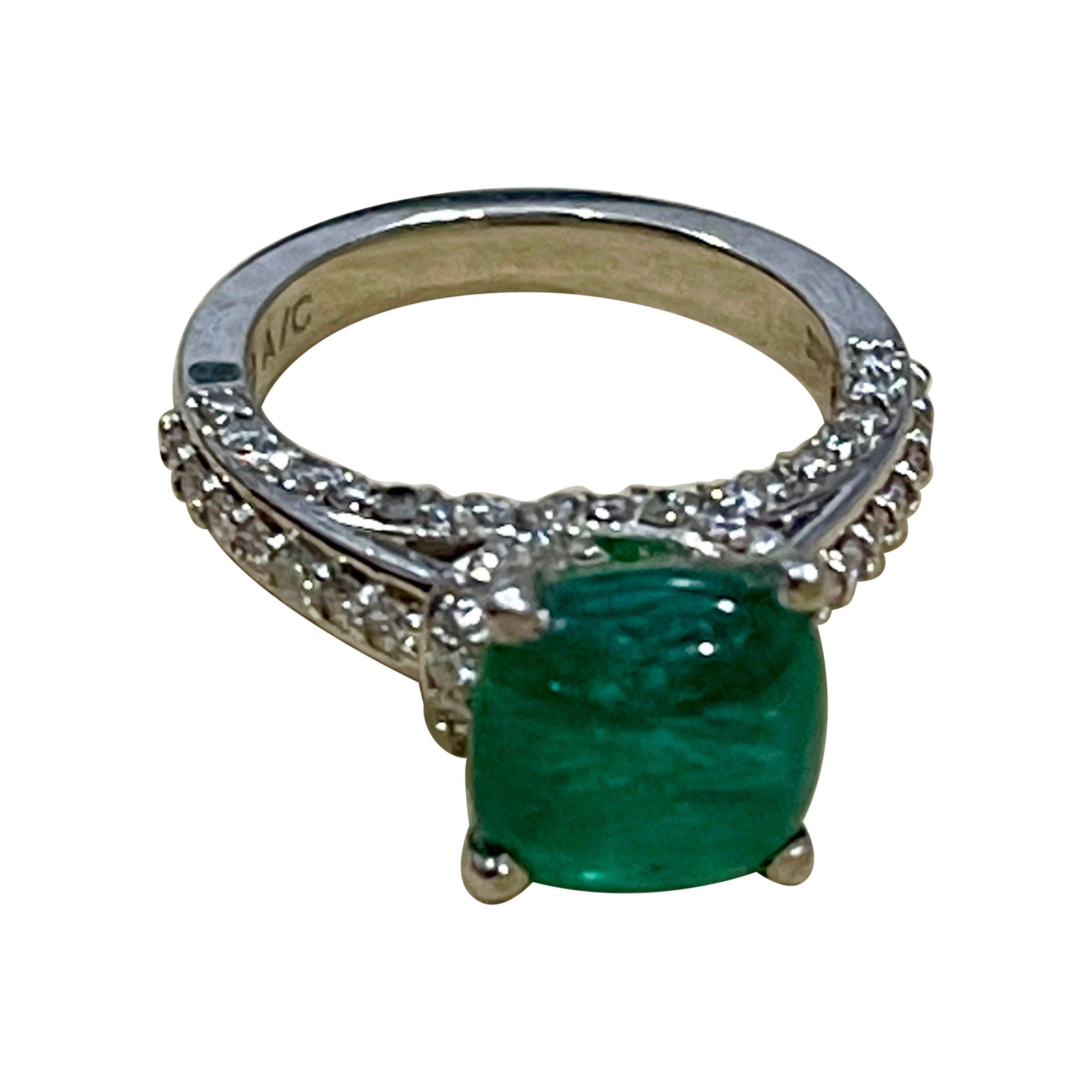 Women's 3 Carat Natural Cushion Cabochon Emerald & Diamond Ring 14 Karat White Gold