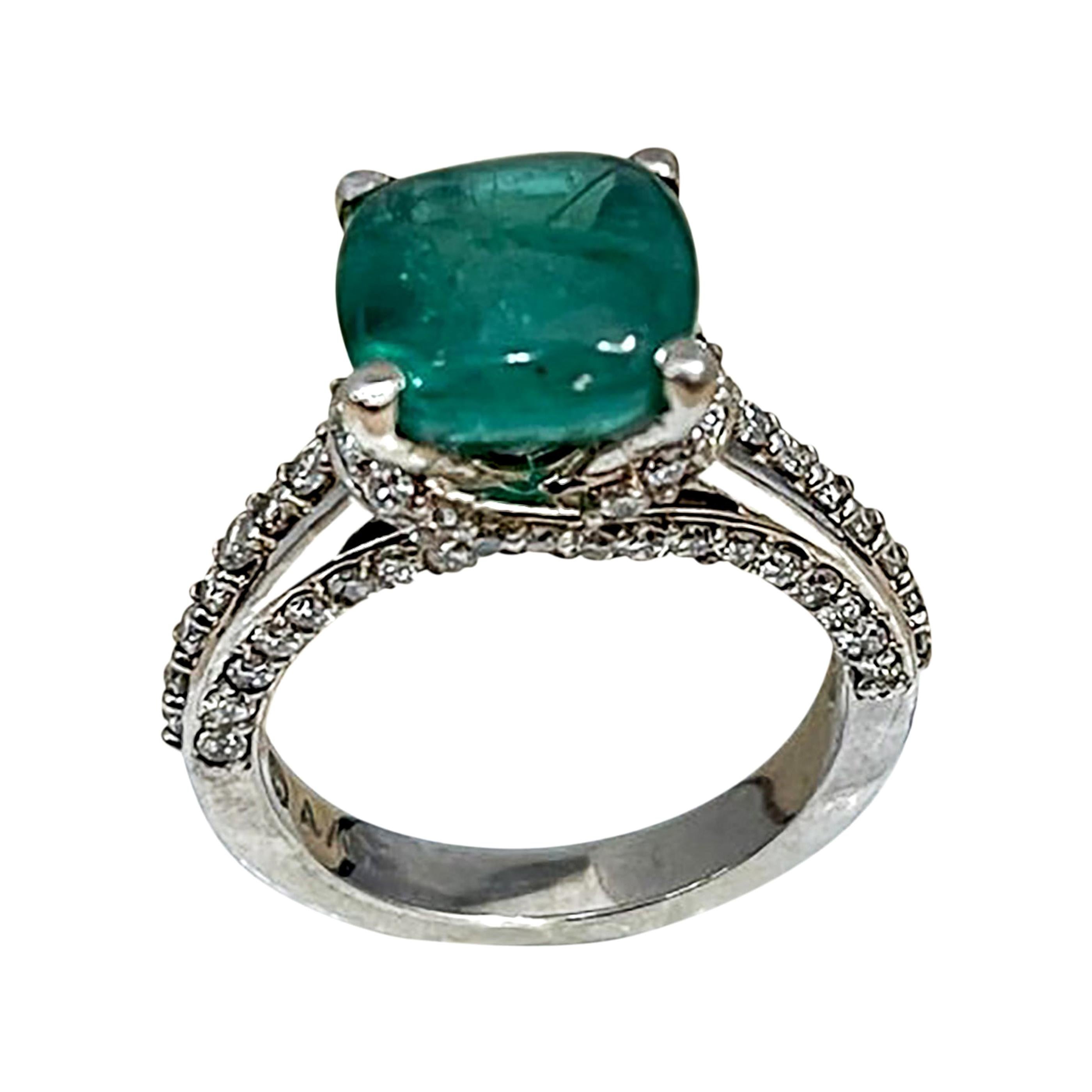 3 Carat Natural Cushion Cabochon Emerald & Diamond Ring 14 Karat White Gold