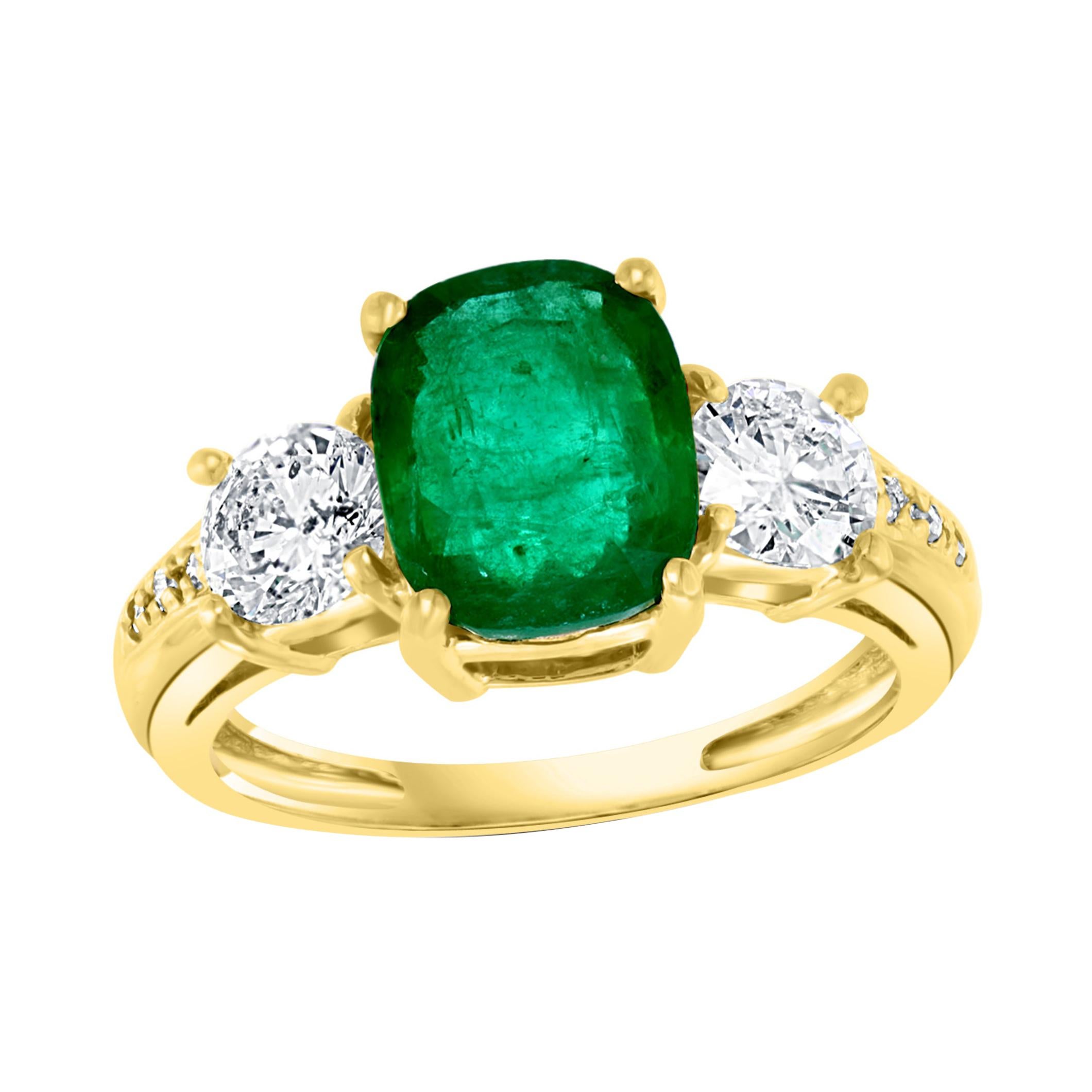 3 Carat Natural Cushion Cut Emerald & 2 Solitaire Diamond Ring 14 Kt Yellow Gold For Sale