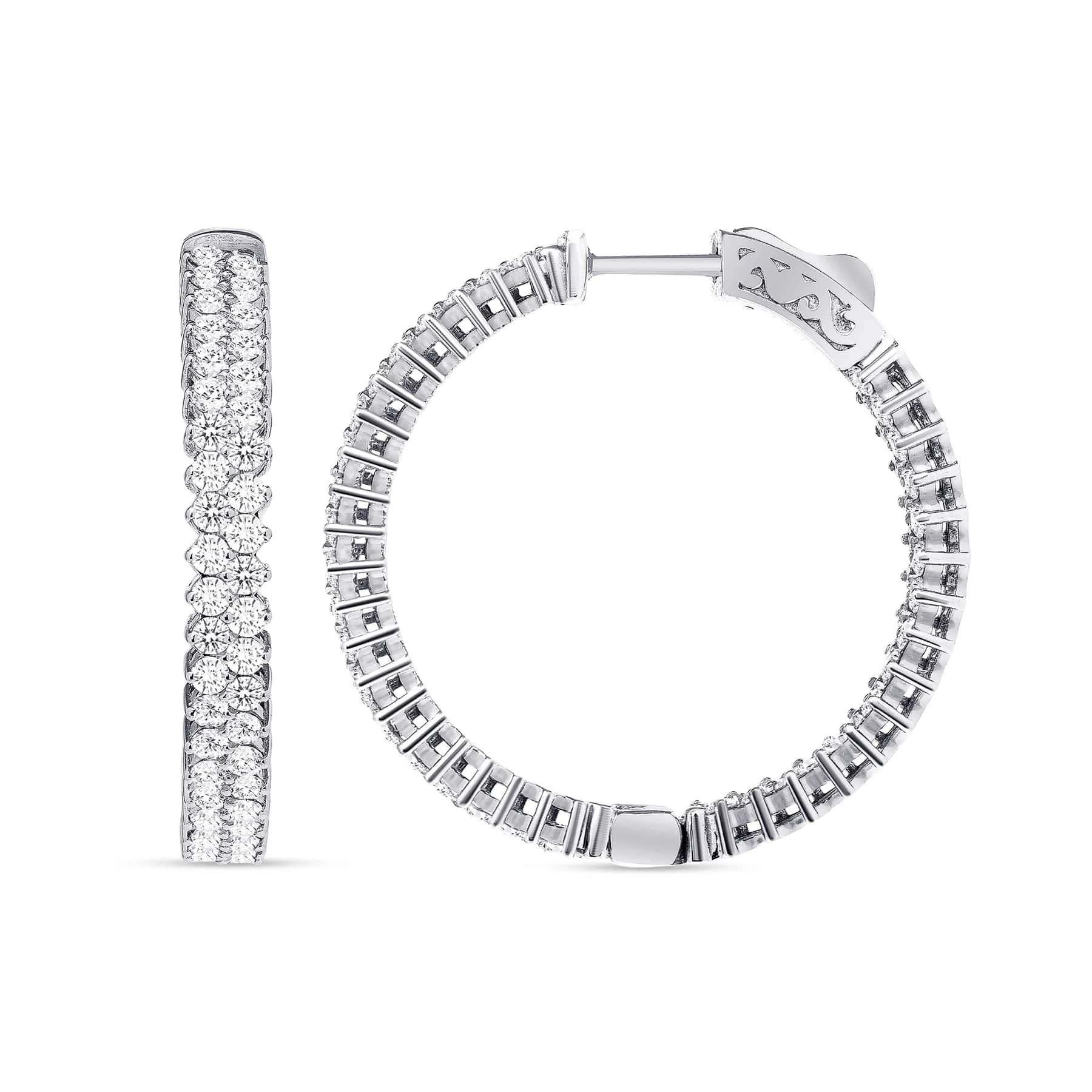 Round Cut Double Row Round Diamond 14K White Gold Hoop Earrings For Sale