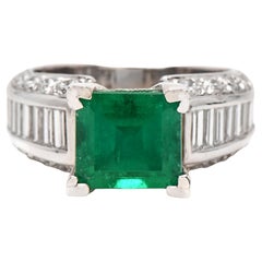 3 Carat Natural Emerald Engagement Ring, 18k Gold Halo Diamond Wedding Band