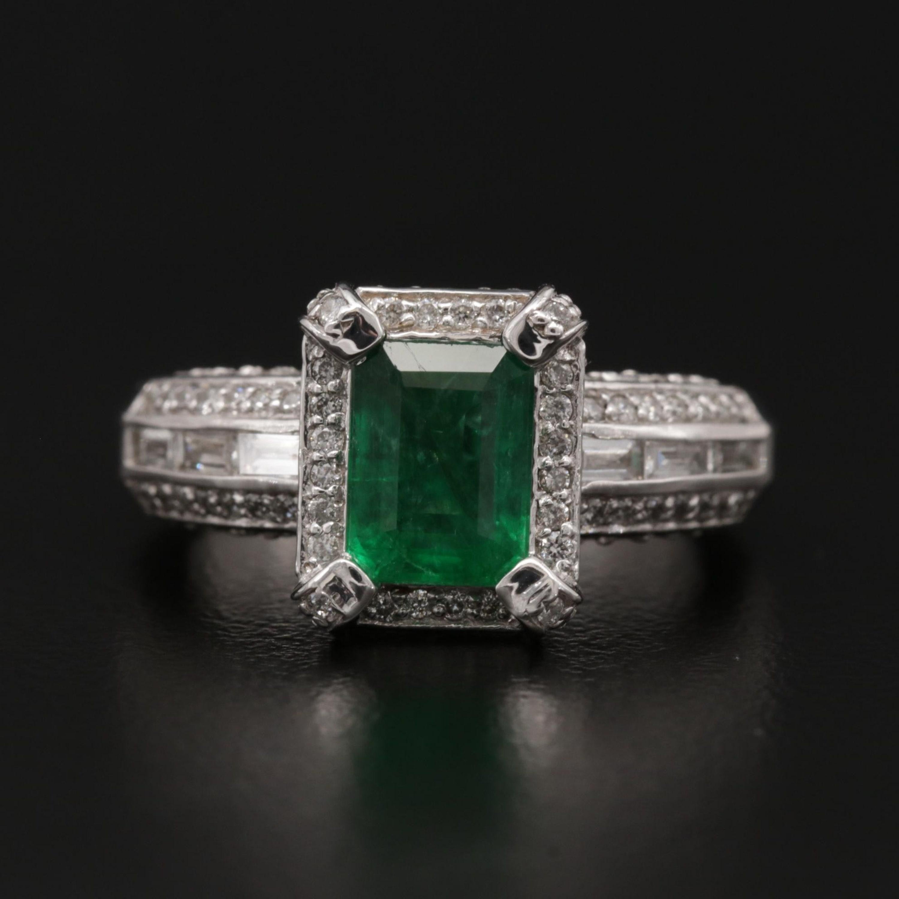 For Sale:  3 Carat Natural Emerald Engagement Ring, White Gold Halo Diamond Wedding Ring 7