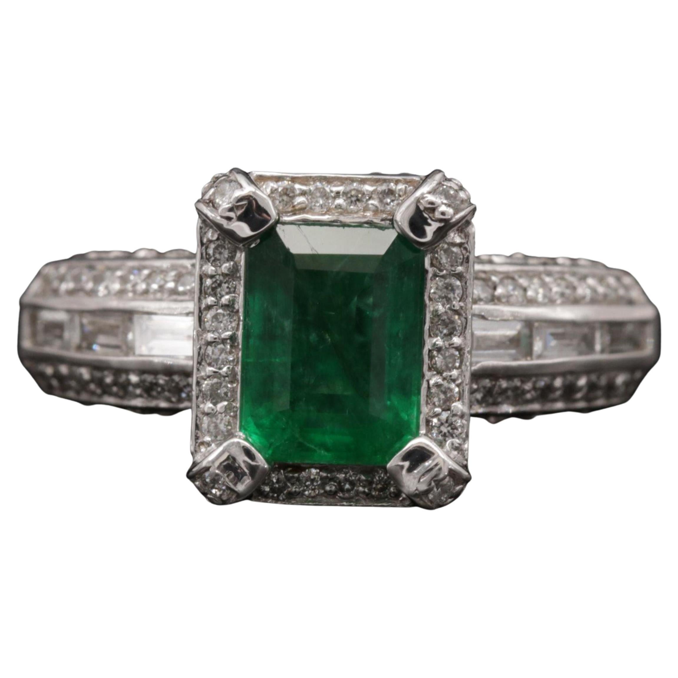Emerald Cut Emerald Diamond 18 Karat White Gold Engagement Wedding Ring
