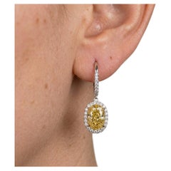 3 Carat Natural Fancy Intense Yellow Oval Diamond Dangle Earrings