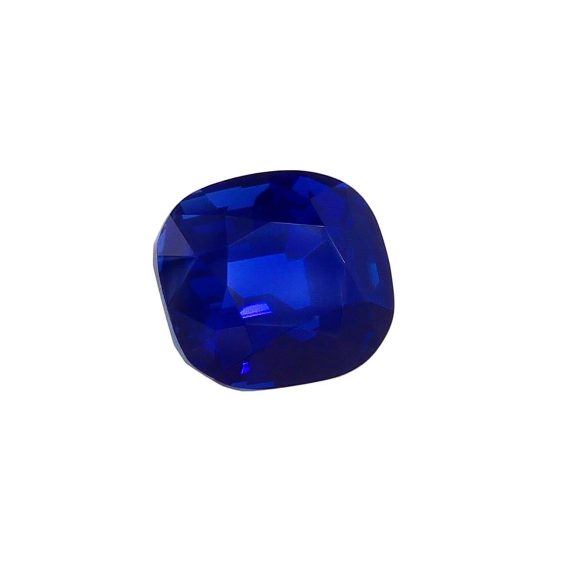 A three-carat, natural, no-heat (untreated), cushion shape sapphire from the original mines in Kashmir, India. The color of this stone is the epitome of the “cornflower blue” hue sought by collectors and sapphire aficionados around the world. The