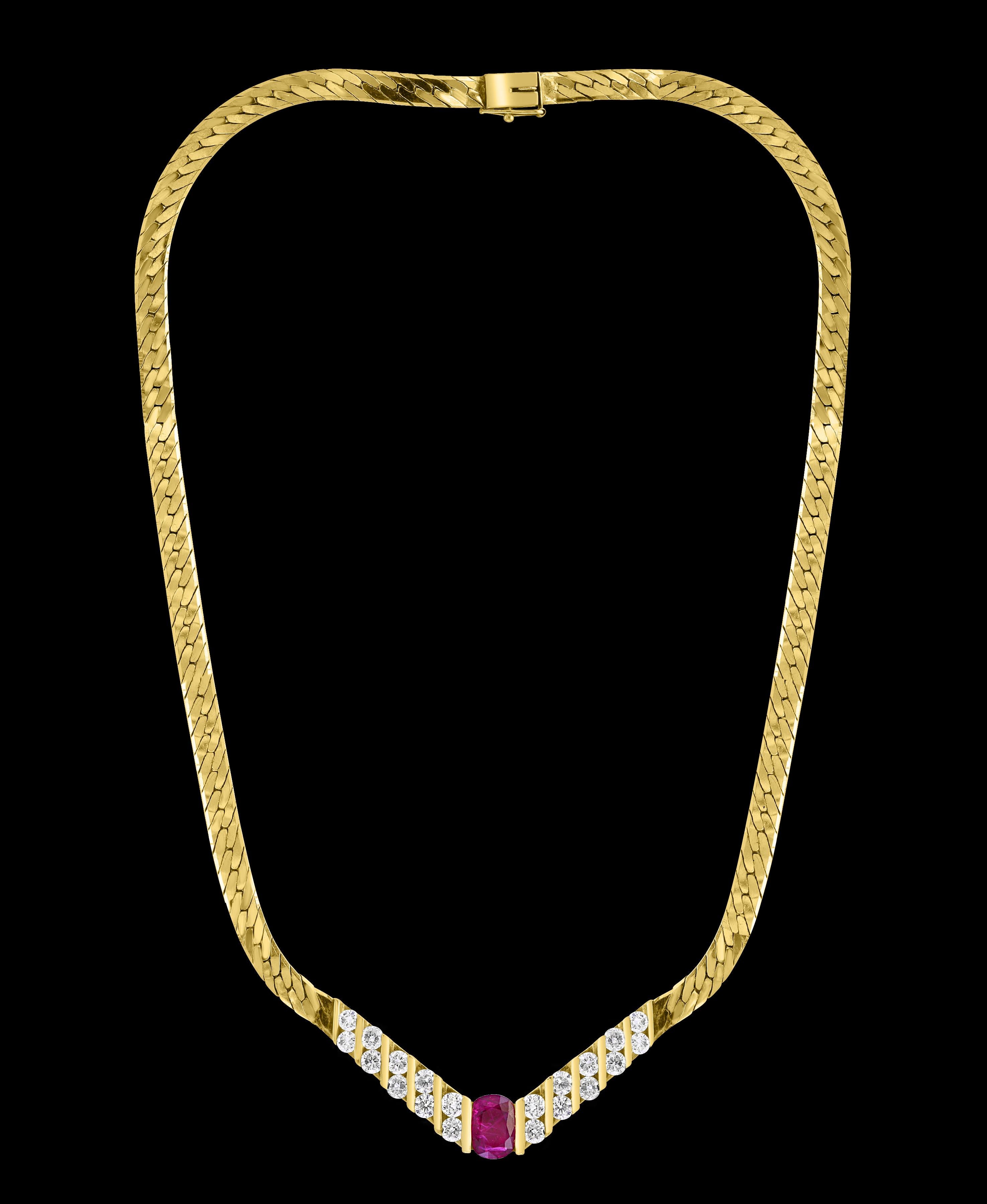 GIA-zertifiziert 3 Karat natürlicher ovaler  Rubin & Diamant-Anhänger Halskette 14 Karat  Gelbgold
Diese spektakuläre Anhänger-Halskette  bestehend aus einem einzigen Oval  Form Natürlich  Rubin etwa 3 Karat.  Die  Rubinrot  ist umgeben von etwa 4