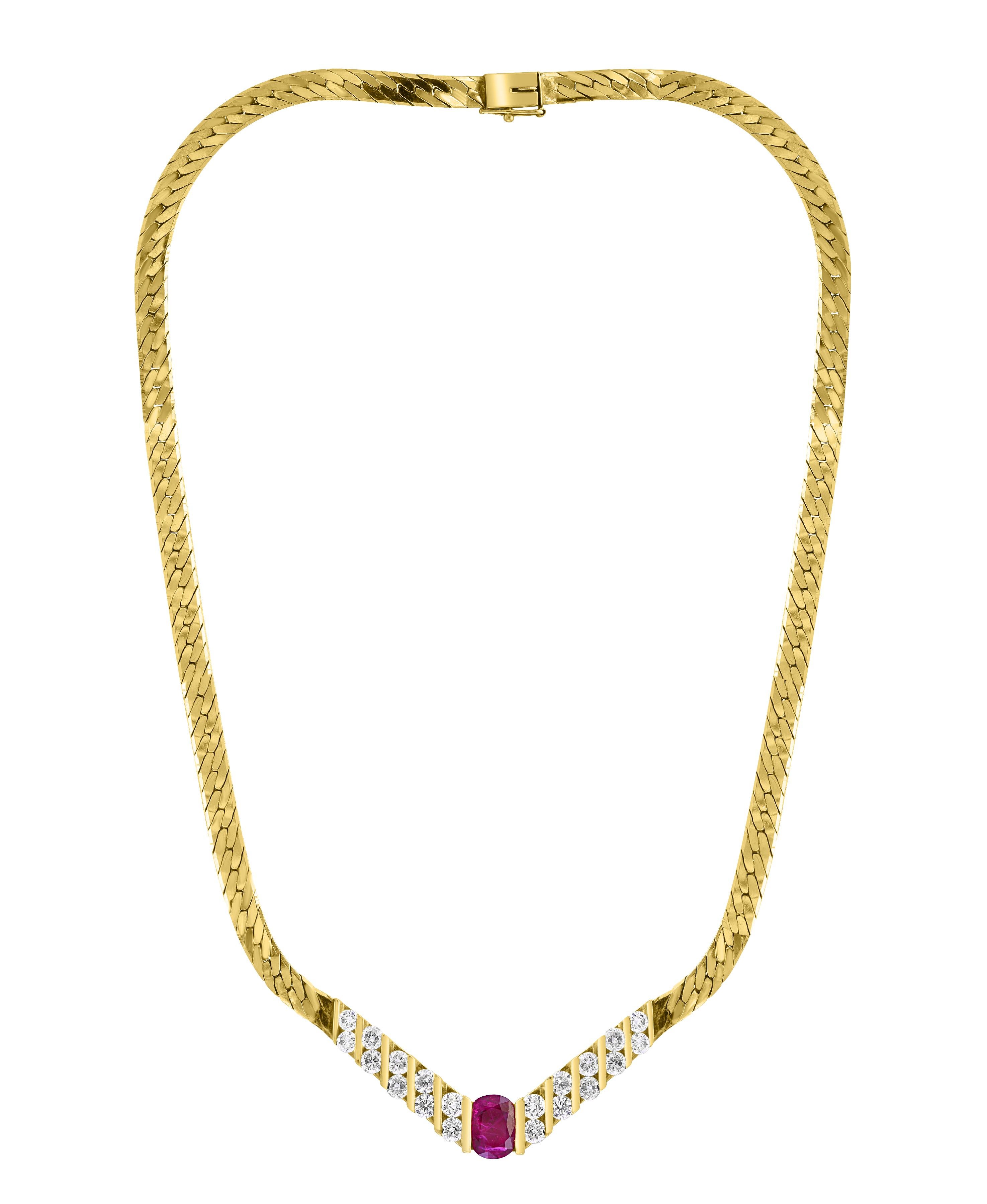 GIA-zertifiziert 3 Karat natürlicher ovaler  Halskette mit Rubin- und Diamant-Anhänger aus 14 Karat Gelbgold (Ovalschliff) im Angebot