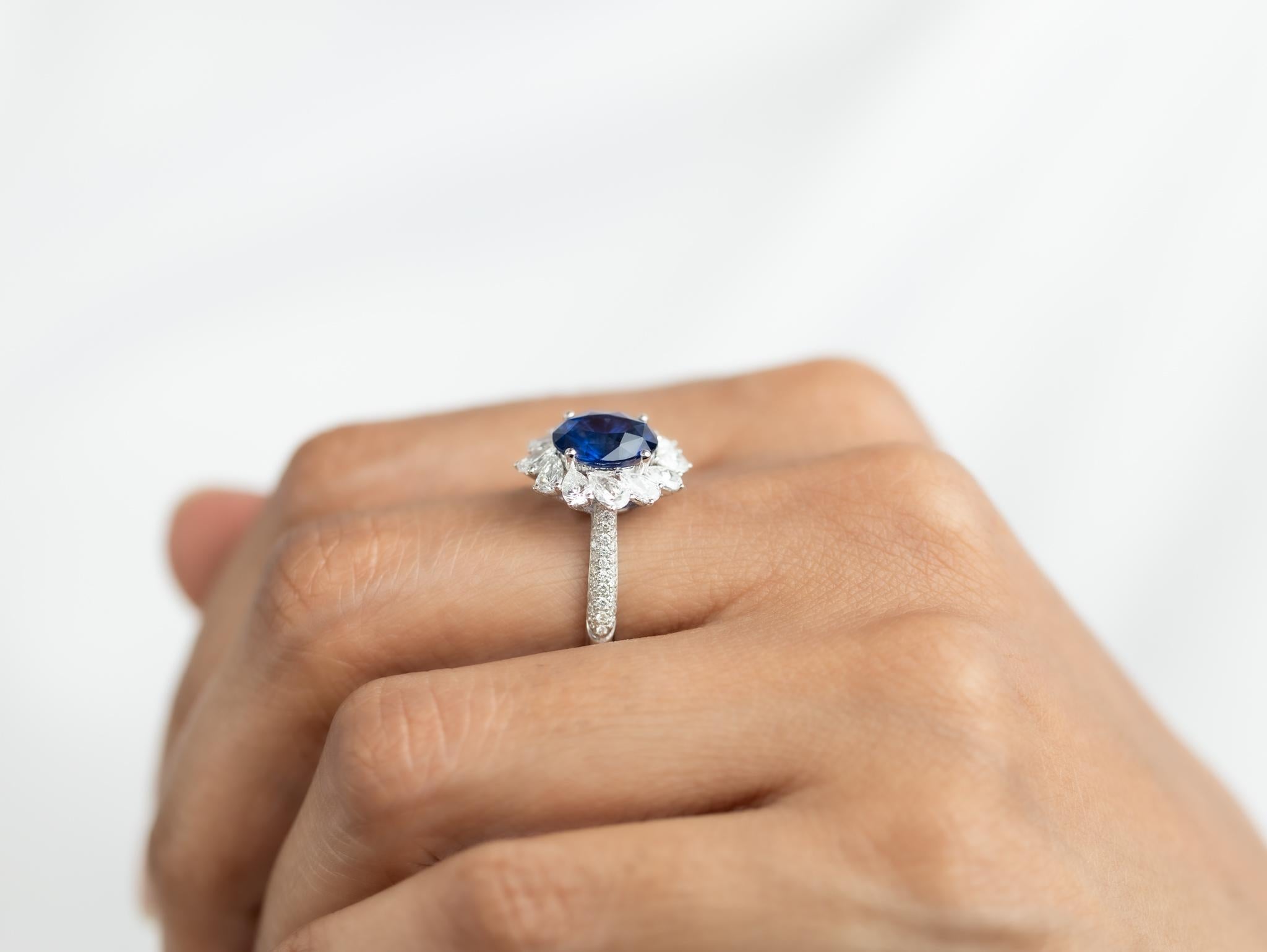 3 Carat Natural Sapphire Diamond Pear Halo Cocktail Engagement Ring 18k Gold For Sale 2