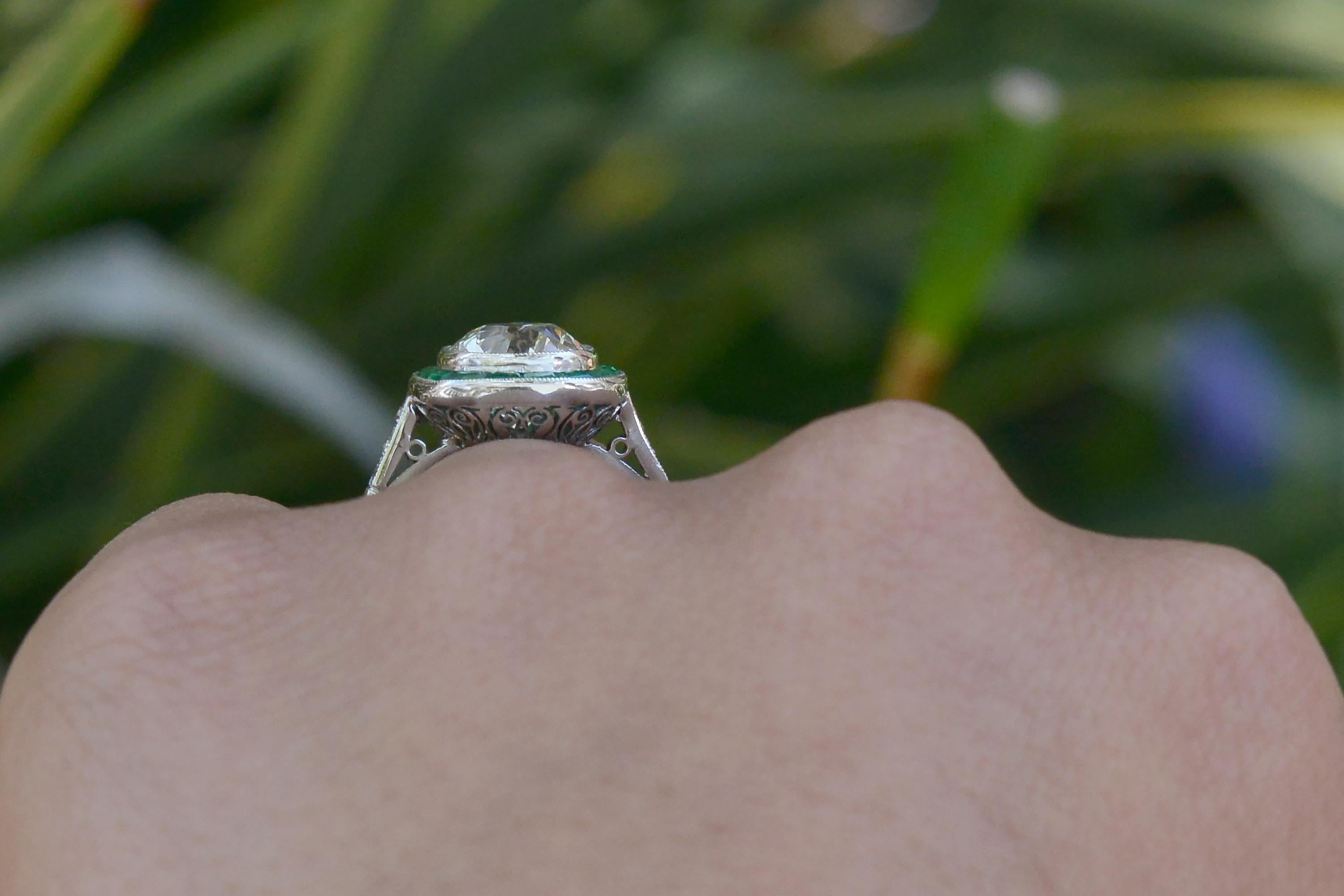 3 Carat Old Mine Cut Diamond & Emerald Engagement Ring In New Condition In Santa Barbara, CA