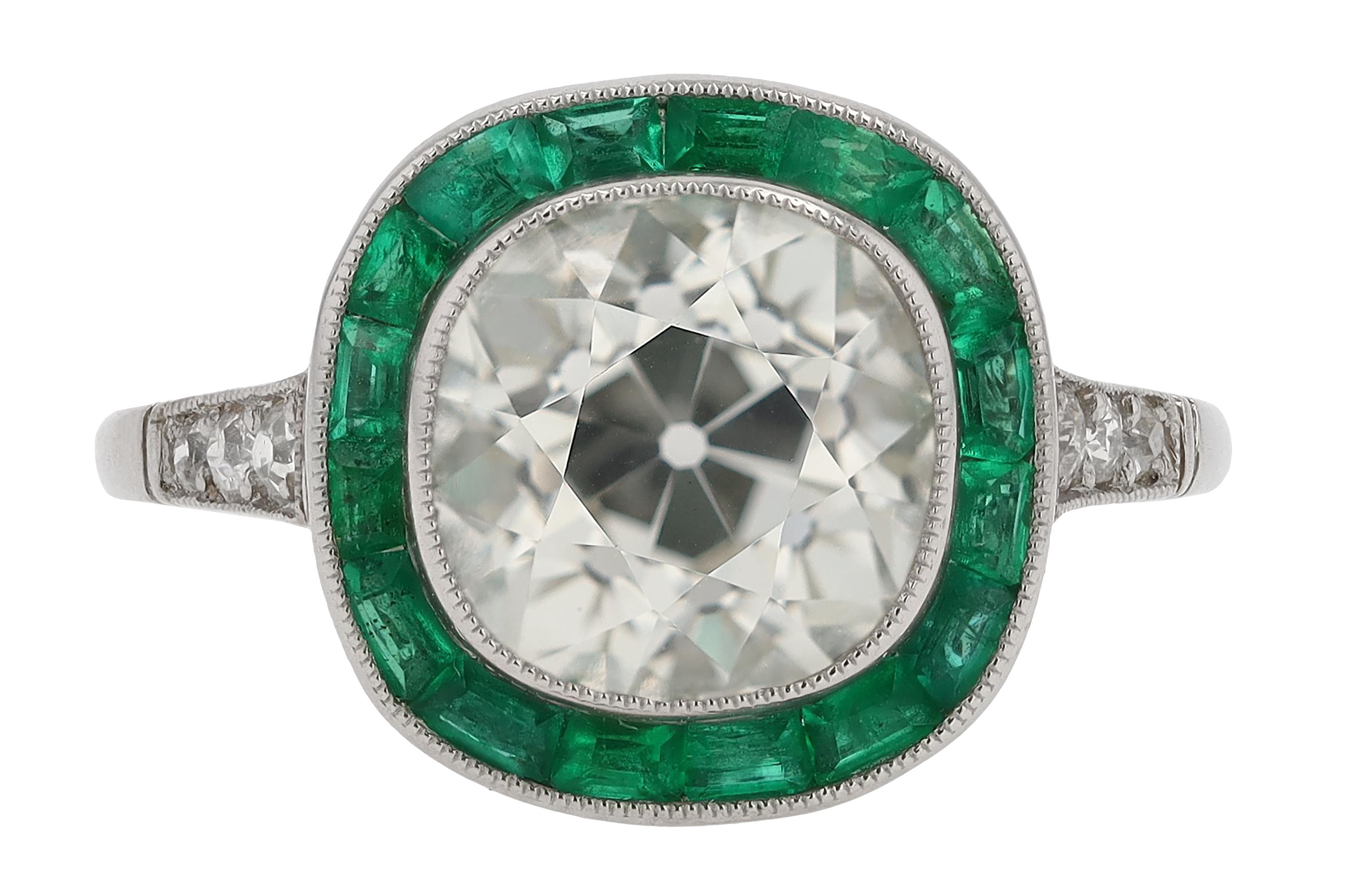 Women's 3 Carat Old Mine Cut Diamond & Emerald Engagement Ring