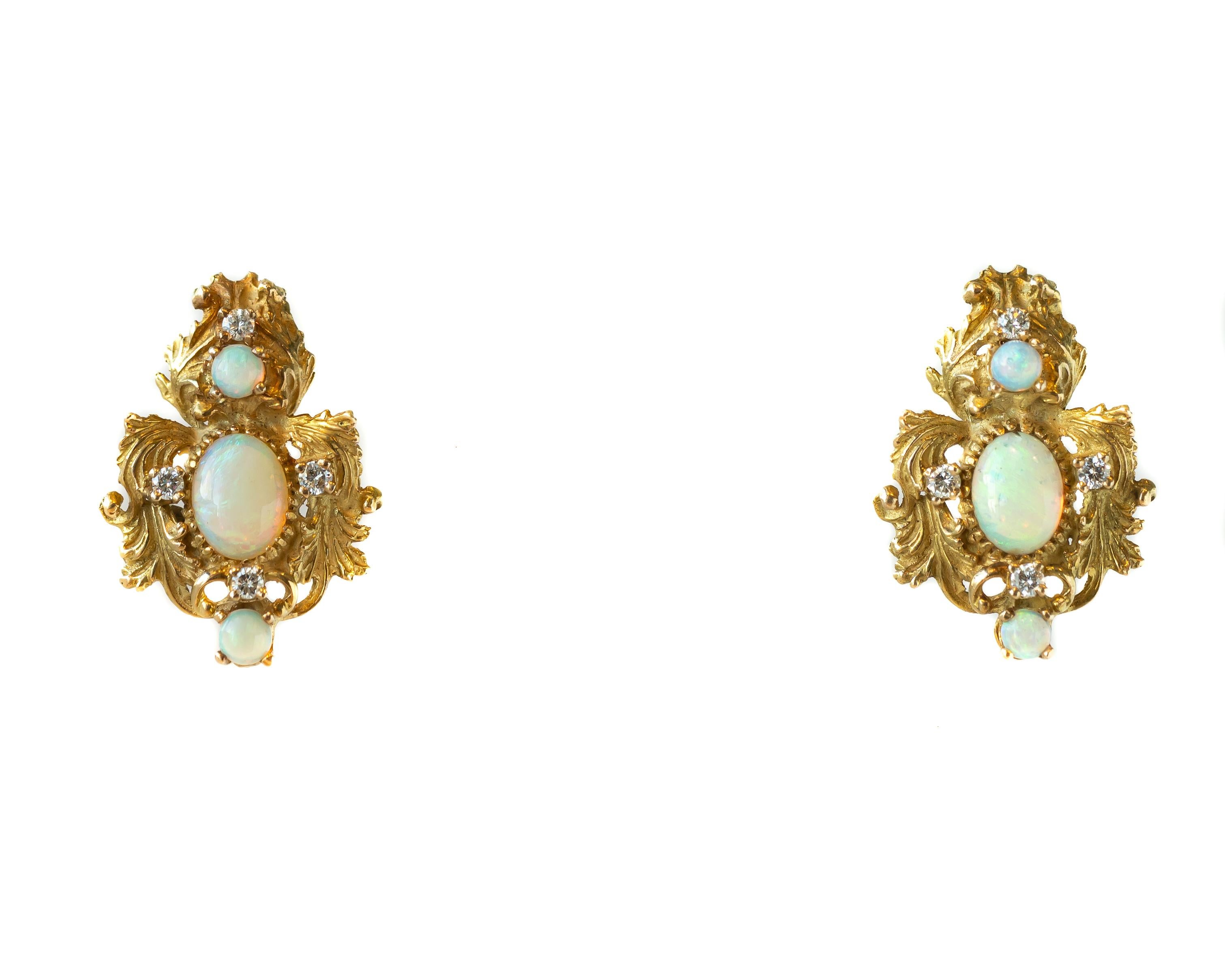 Retro 3 Carat Opal and 0.40 Carat Total Diamond Yellow Gold Earrings