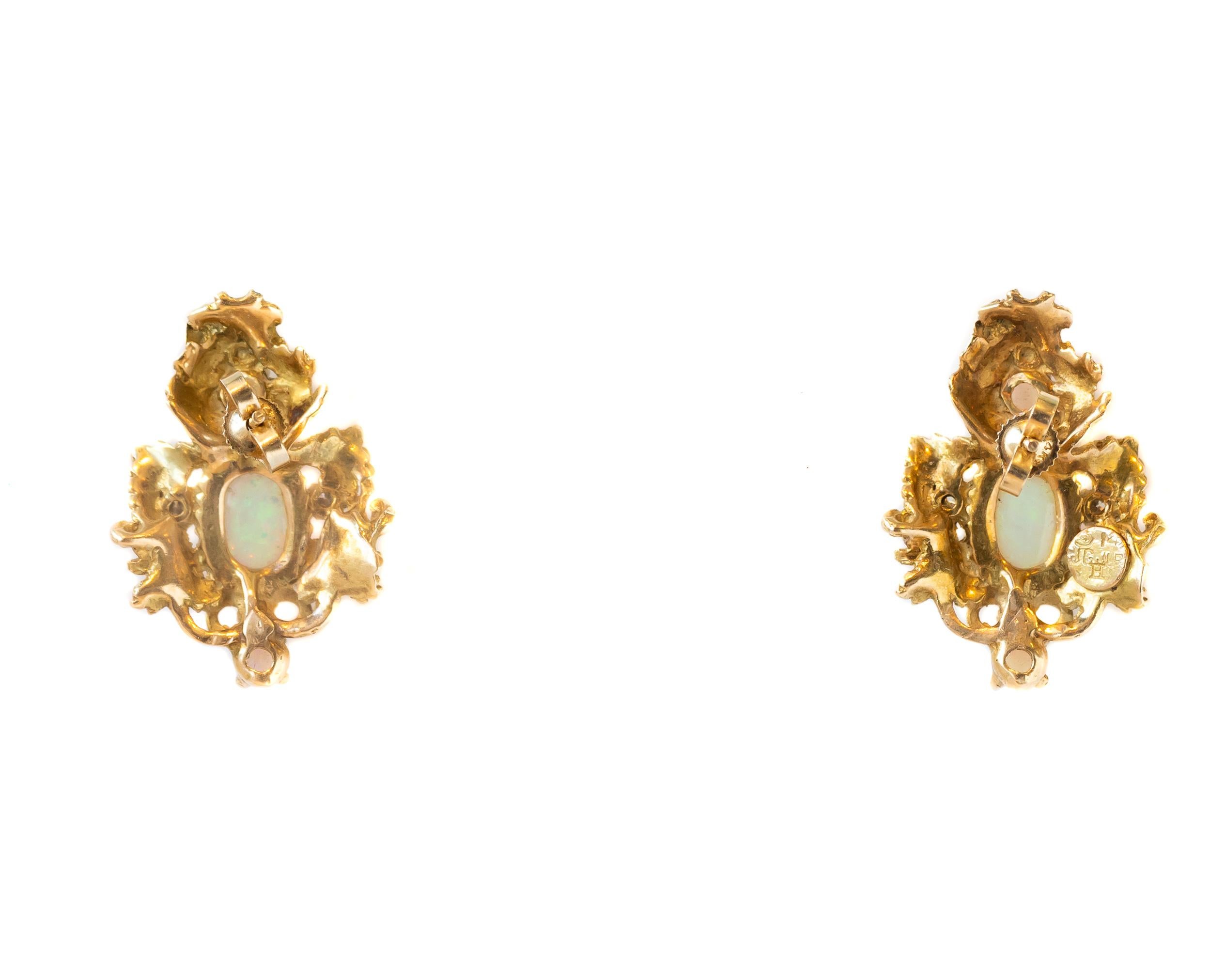 Round Cut 3 Carat Opal and 0.40 Carat Total Diamond Yellow Gold Earrings