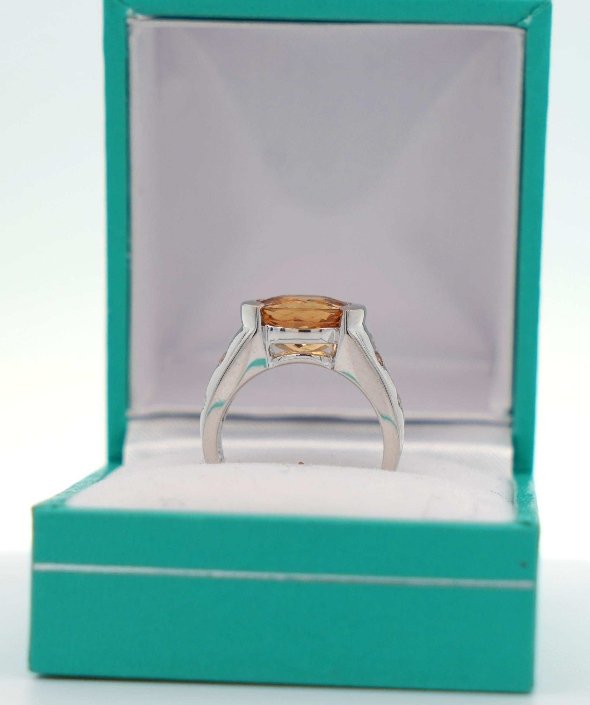 Modern 3 Carat Orange Precious Topaz & Floating Diamond Ring in 18K East West Setting For Sale
