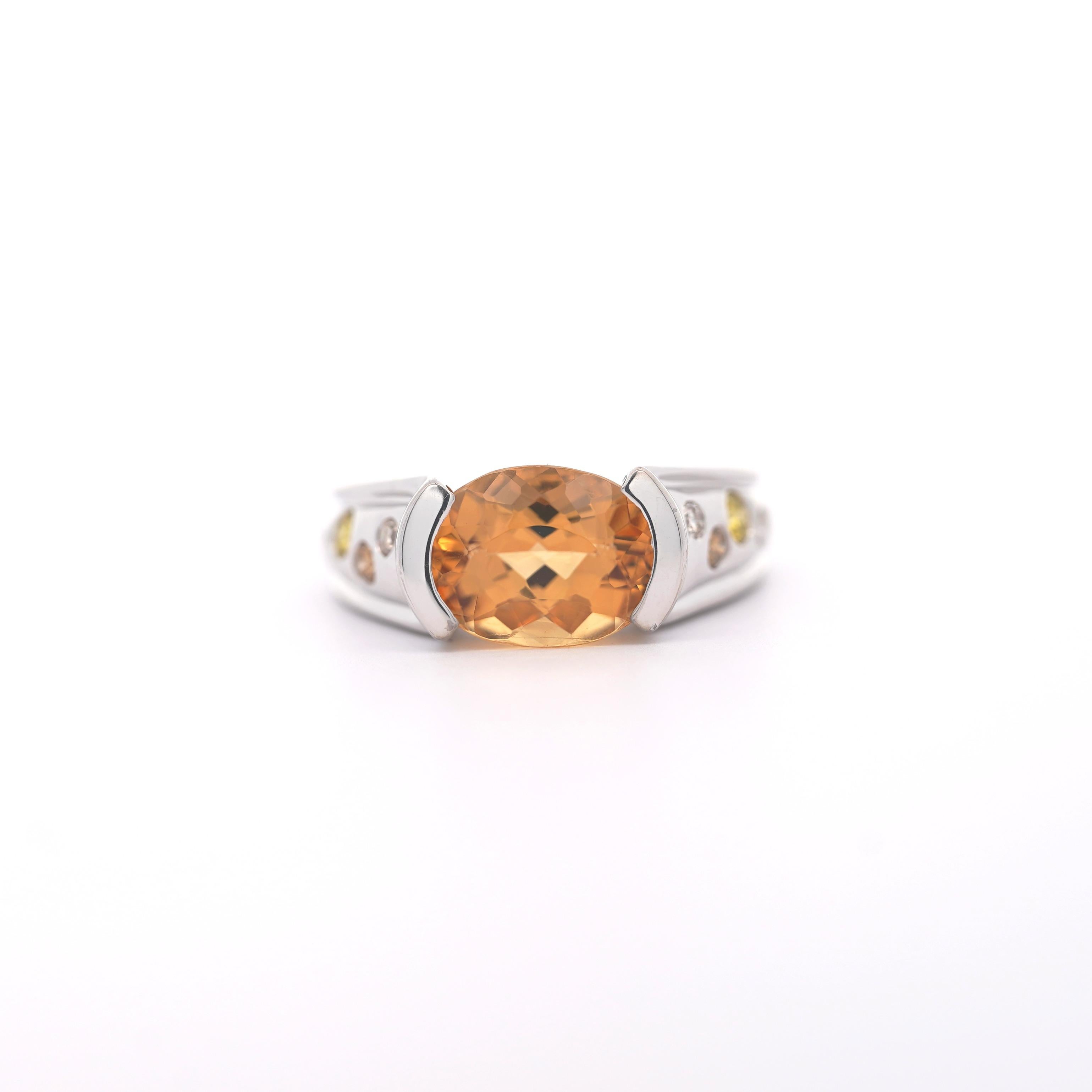 3 Carat Orange Precious Topaz & Floating Diamond Ring in 18K East West Setting In New Condition For Sale In Miami, FL