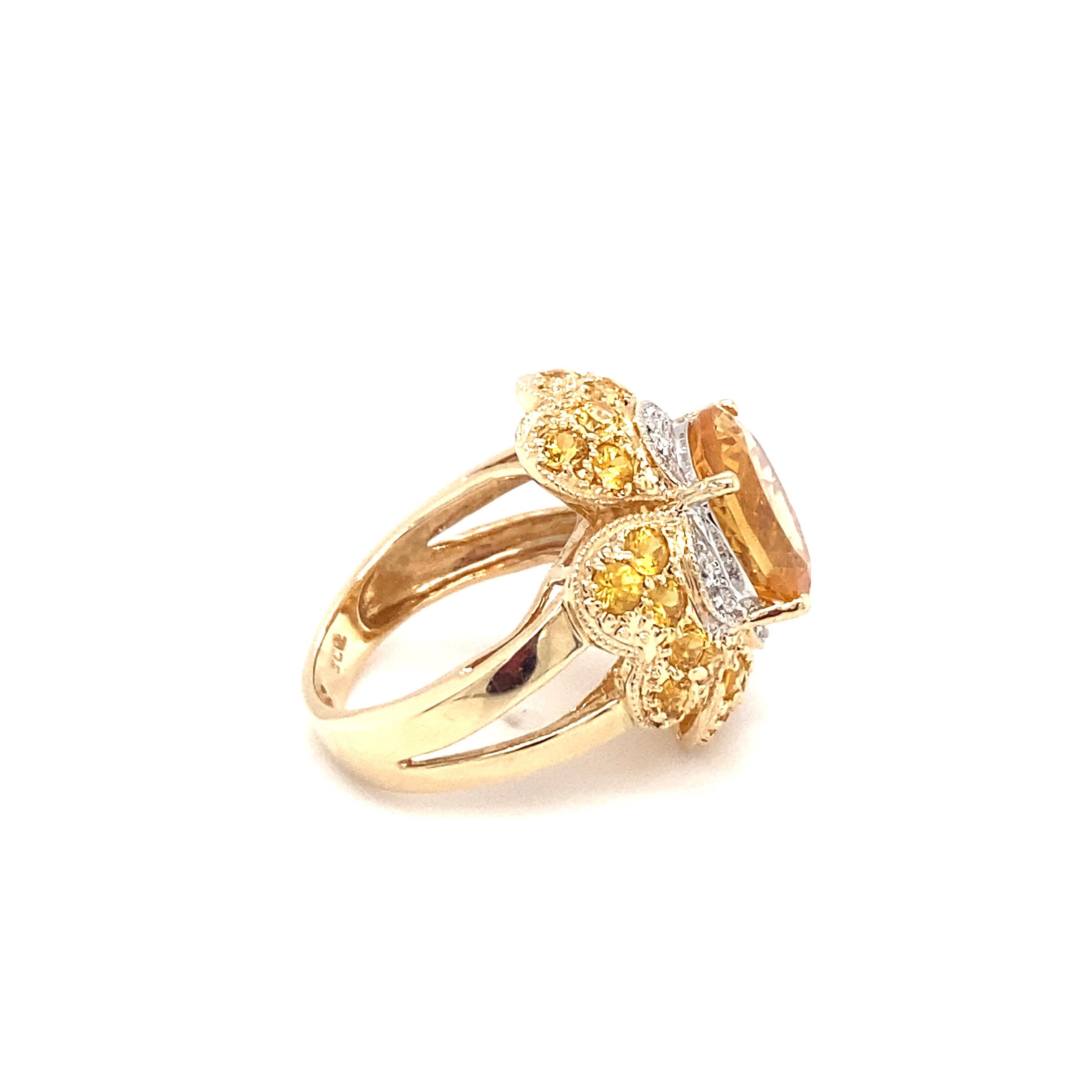 Oval Cut 3 Carat Oval Citrine and Diamond Flower Cocktail Ring in 14 Karat Gold