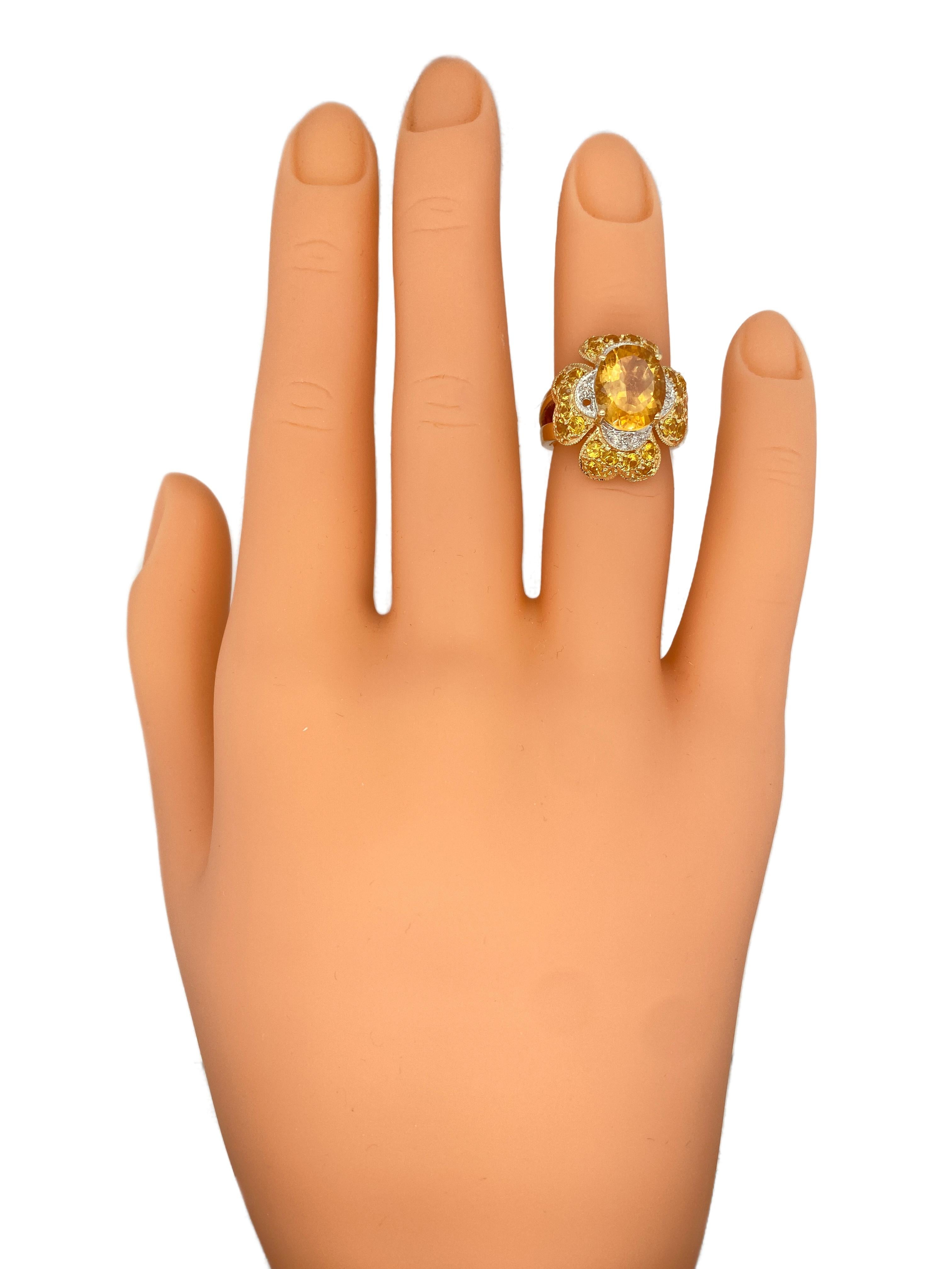 3 Carat Oval Citrine and Diamond Flower Cocktail Ring in 14 Karat Gold In Excellent Condition In Atlanta, GA