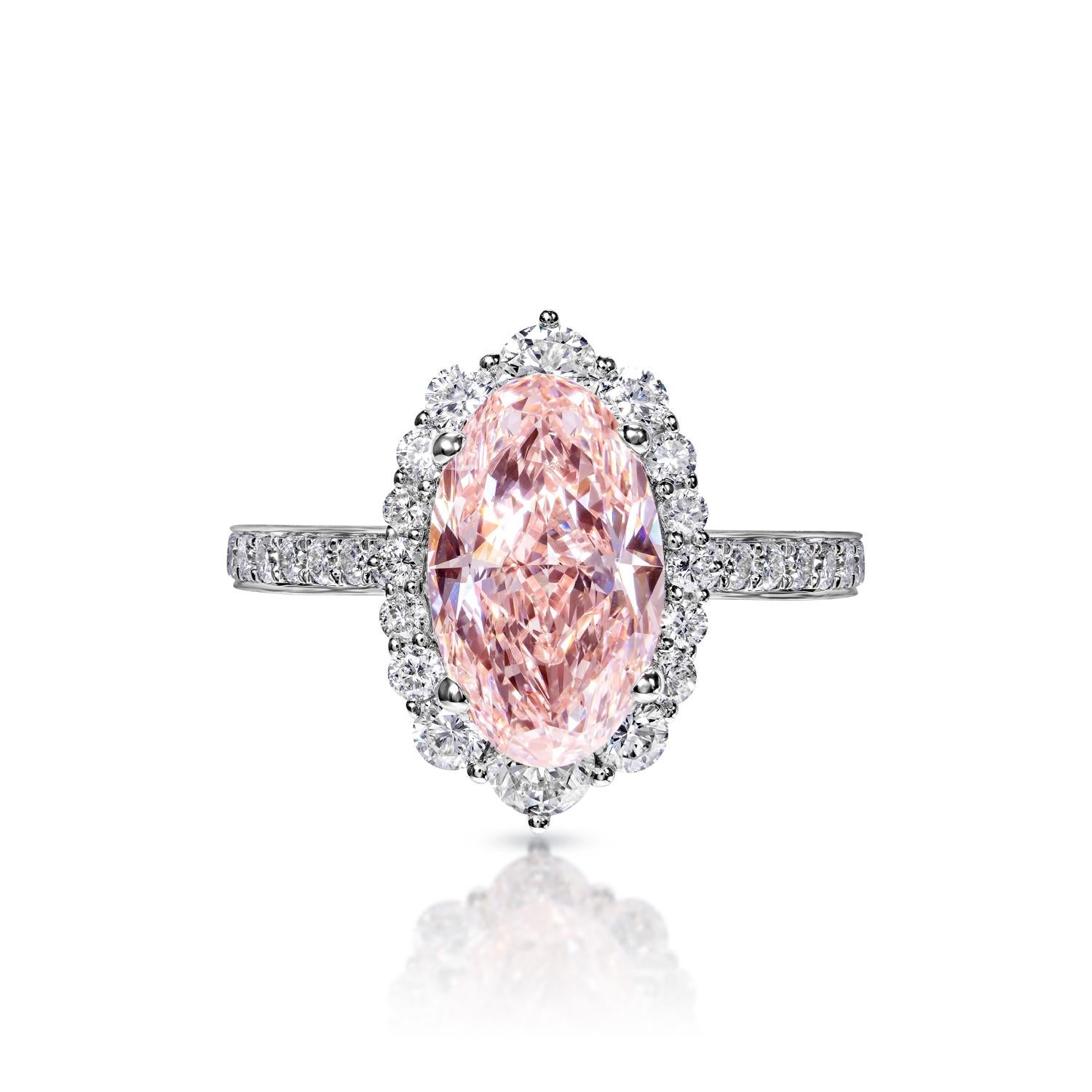 GIA Certified

Earth Mined Center Diamond:
Carat Weight: 2.14 Carats
Color: Fancy Intense Pink*
Clarity: VS1
Style: Oval Cut

*This Diamond has been treated by one or more processes to change its color

Carat Weight: 0.84 Carats
Shape: Round