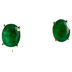 3 Carat Oval Natural Emerald Stud Post Earrings 14 Karat Yellow Gold