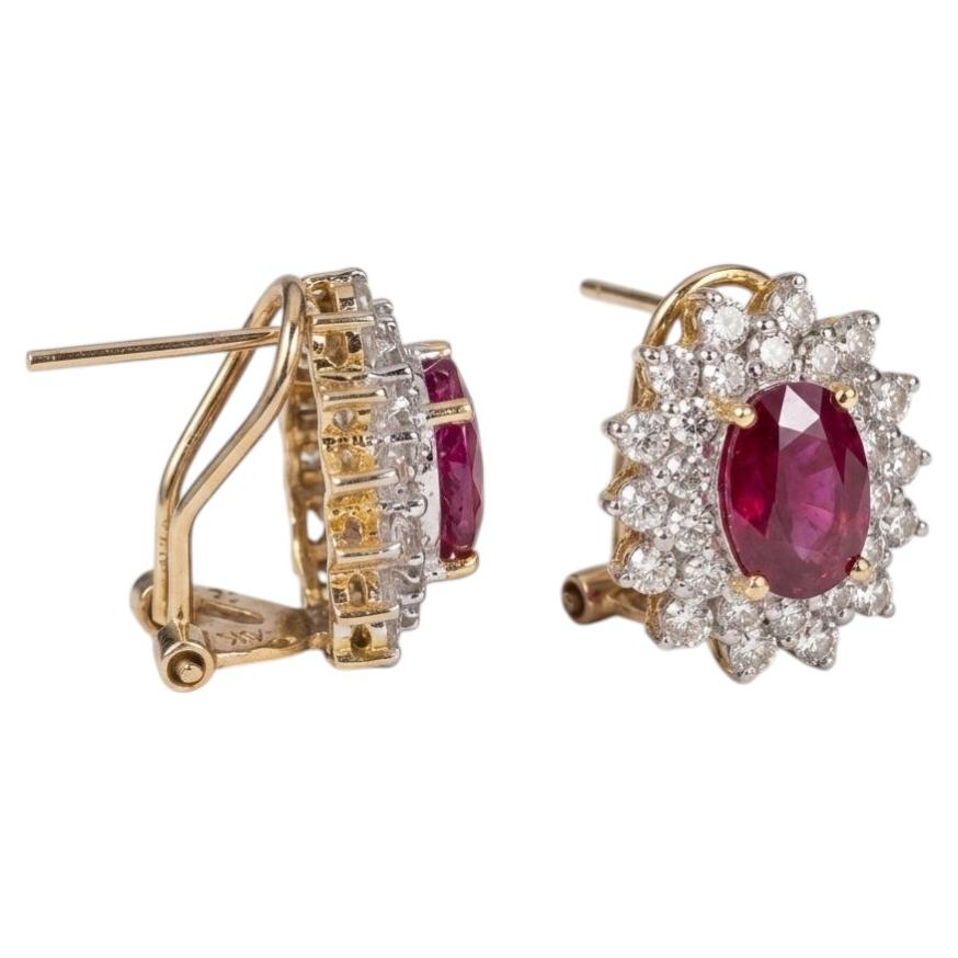 3 Carat Oval Ruby and Diamond Double Halo Stud Earrings in 14k Yellow Gold For Sale