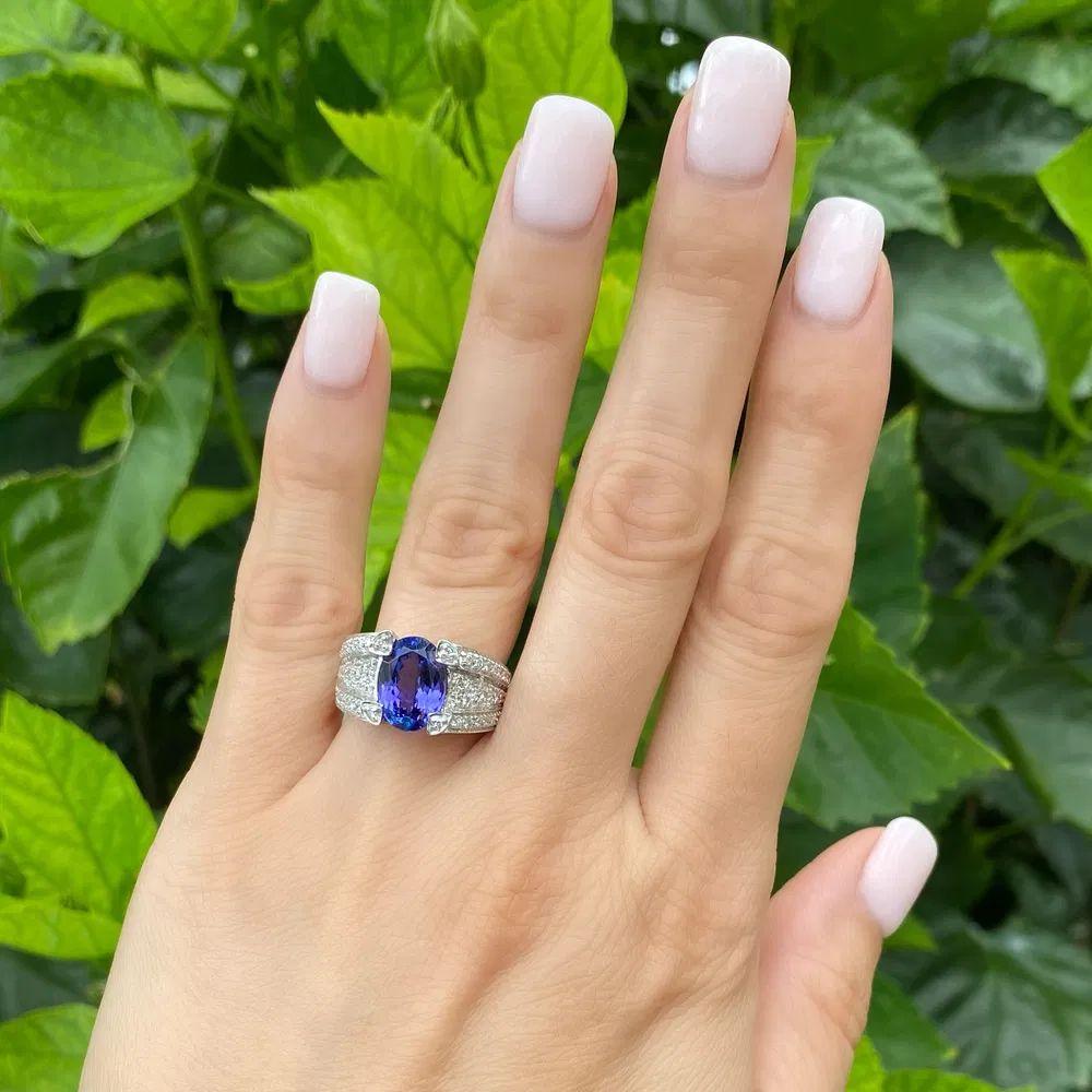 Modernist 3 Carat Oval Tanzanite and Diamond Gold Statement Cocktail Ring For Sale