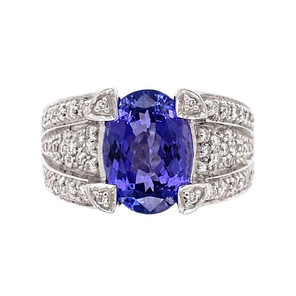 Mixed Cut 3 Carat Oval Tanzanite and Diamond Gold Statement Cocktail Ring For Sale
