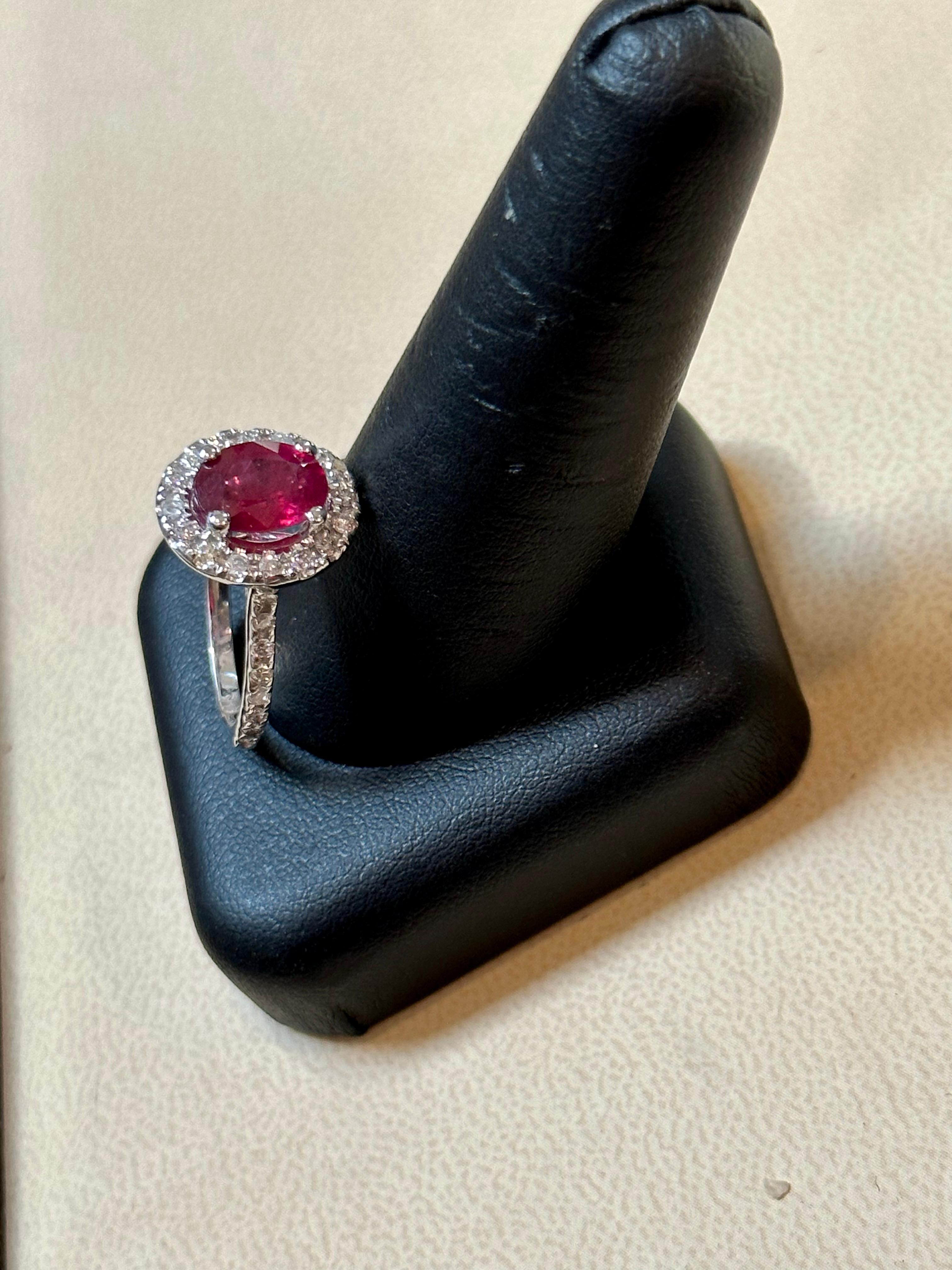 3 Carat Oval Treated Ruby & 1.25 ct Diamond Ring 14 Karat White Gold Size 6 For Sale 2