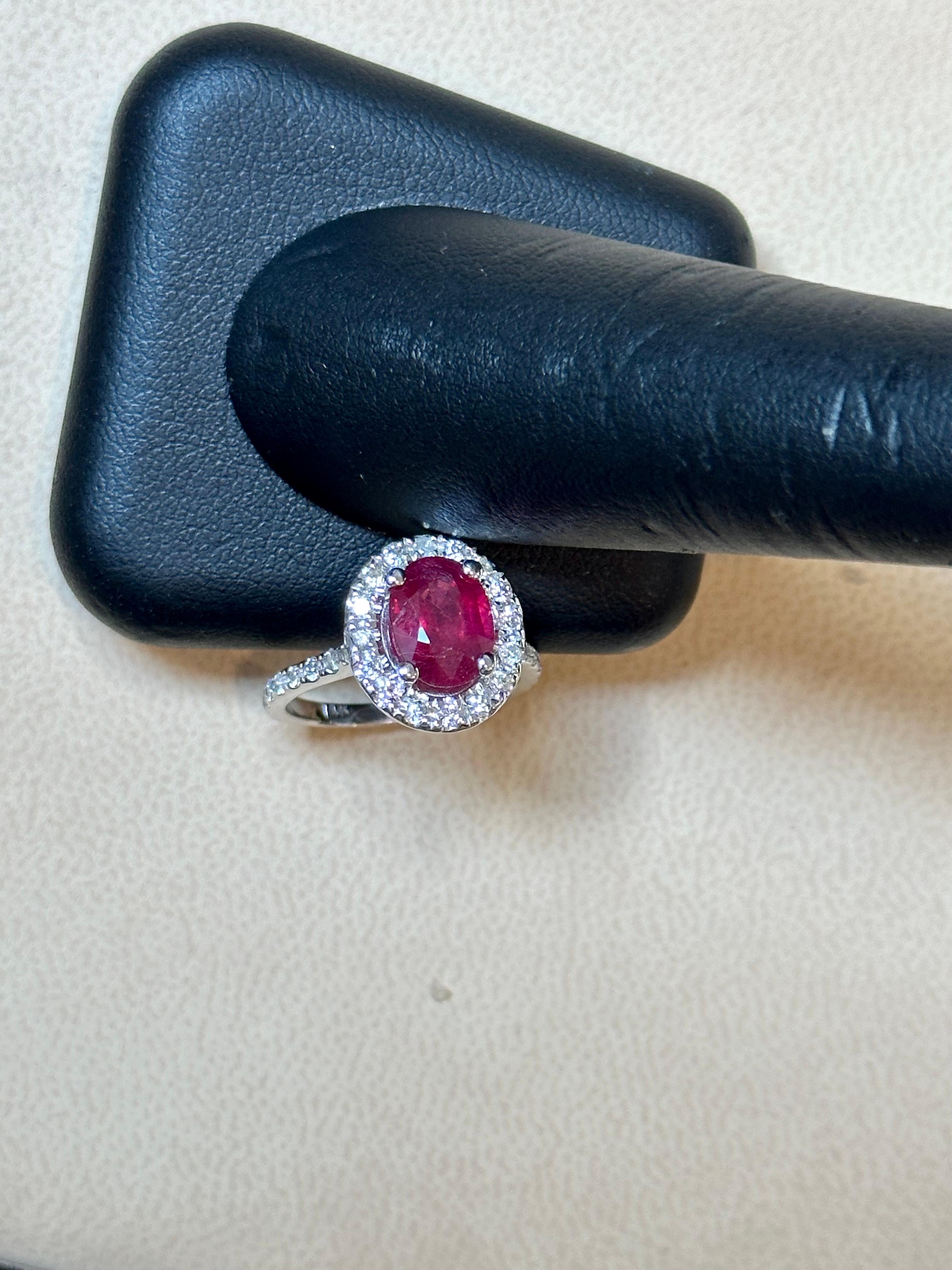 3 Carat Oval Treated Ruby & 1.25 ct Diamond Ring 14 Karat White Gold Size 6 For Sale 3