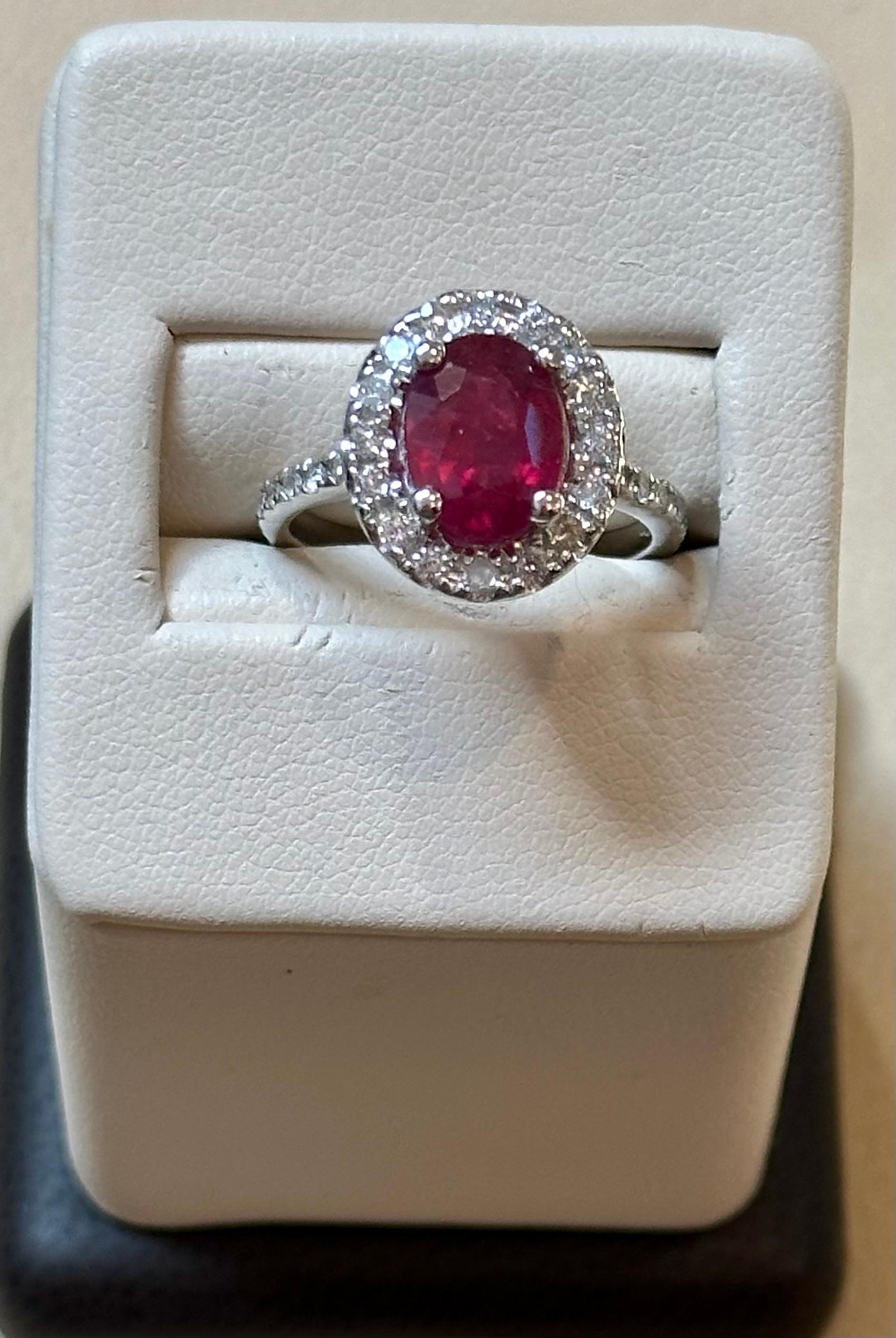 3 Carat Oval Treated Ruby & 1.25 ct Diamond Ring 14 Karat White Gold Size 6 For Sale 4