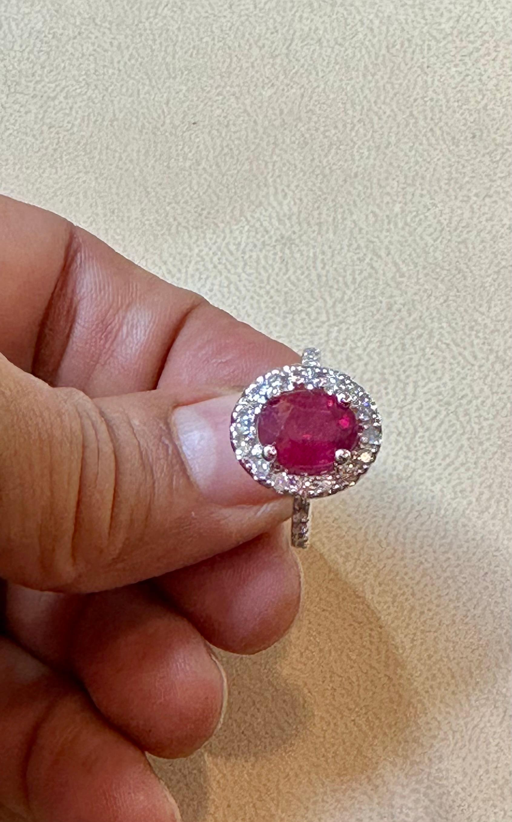 3 Carat Oval Treated Ruby & 1.25 ct Diamond Ring 14 Karat White Gold Size 6 For Sale 6
