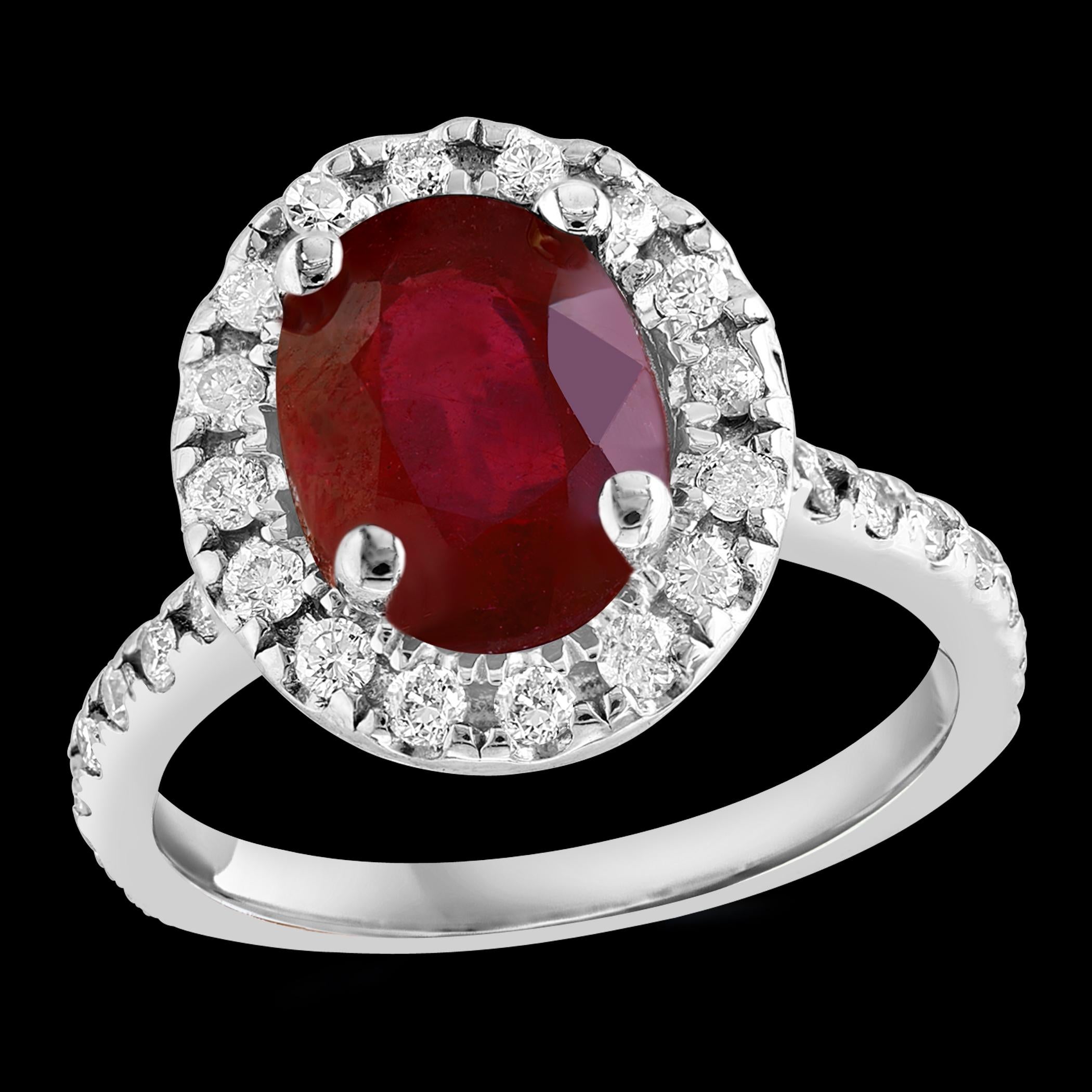 3 Carat Oval Treated Ruby & 1.25 ct Diamond Ring 14 Karat White Gold Size 6 For Sale 7