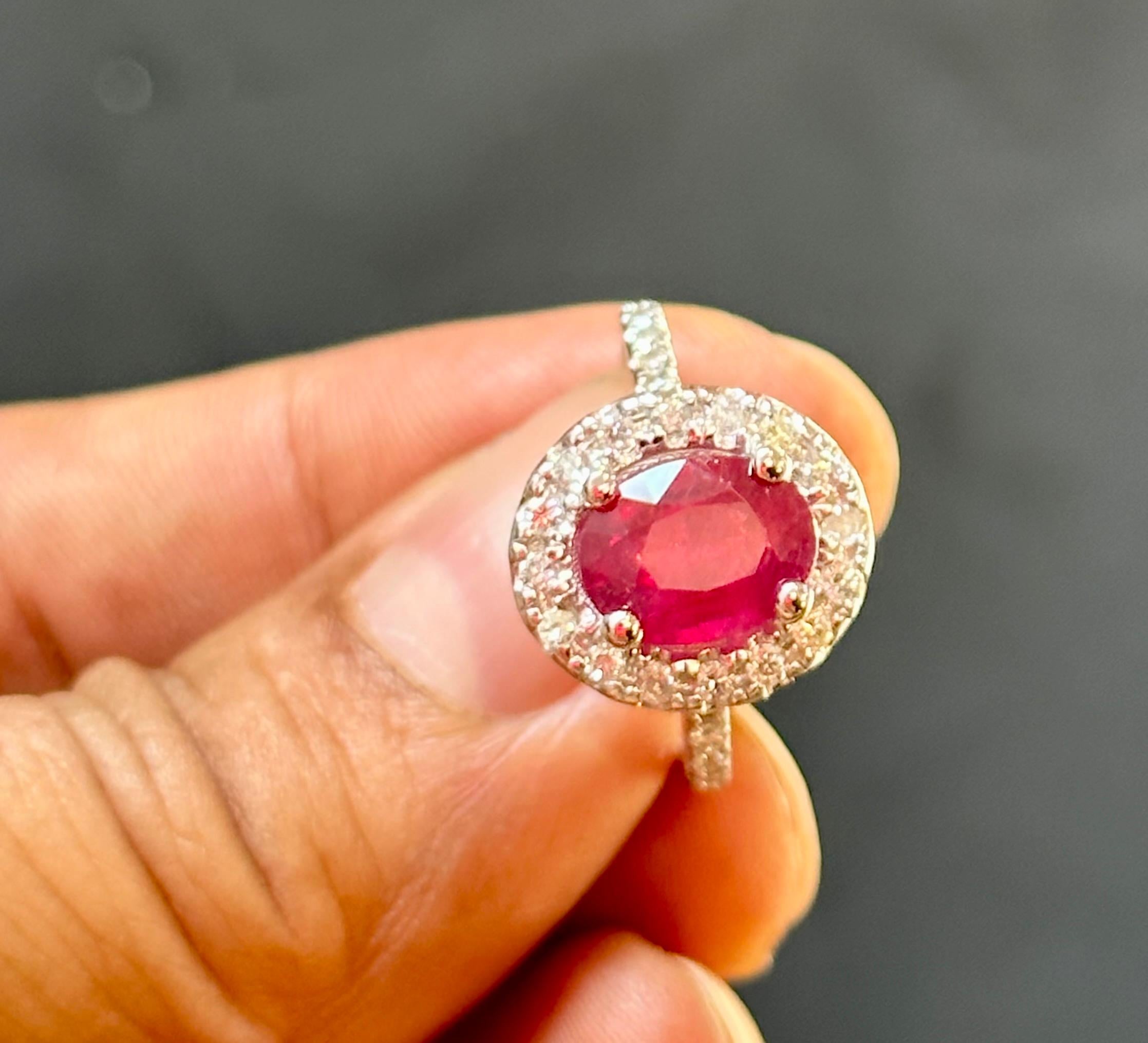 3 Carat Oval Treated Ruby & 1.25 ct Diamond Ring 14 Karat White Gold Size 6 In New Condition For Sale In New York, NY